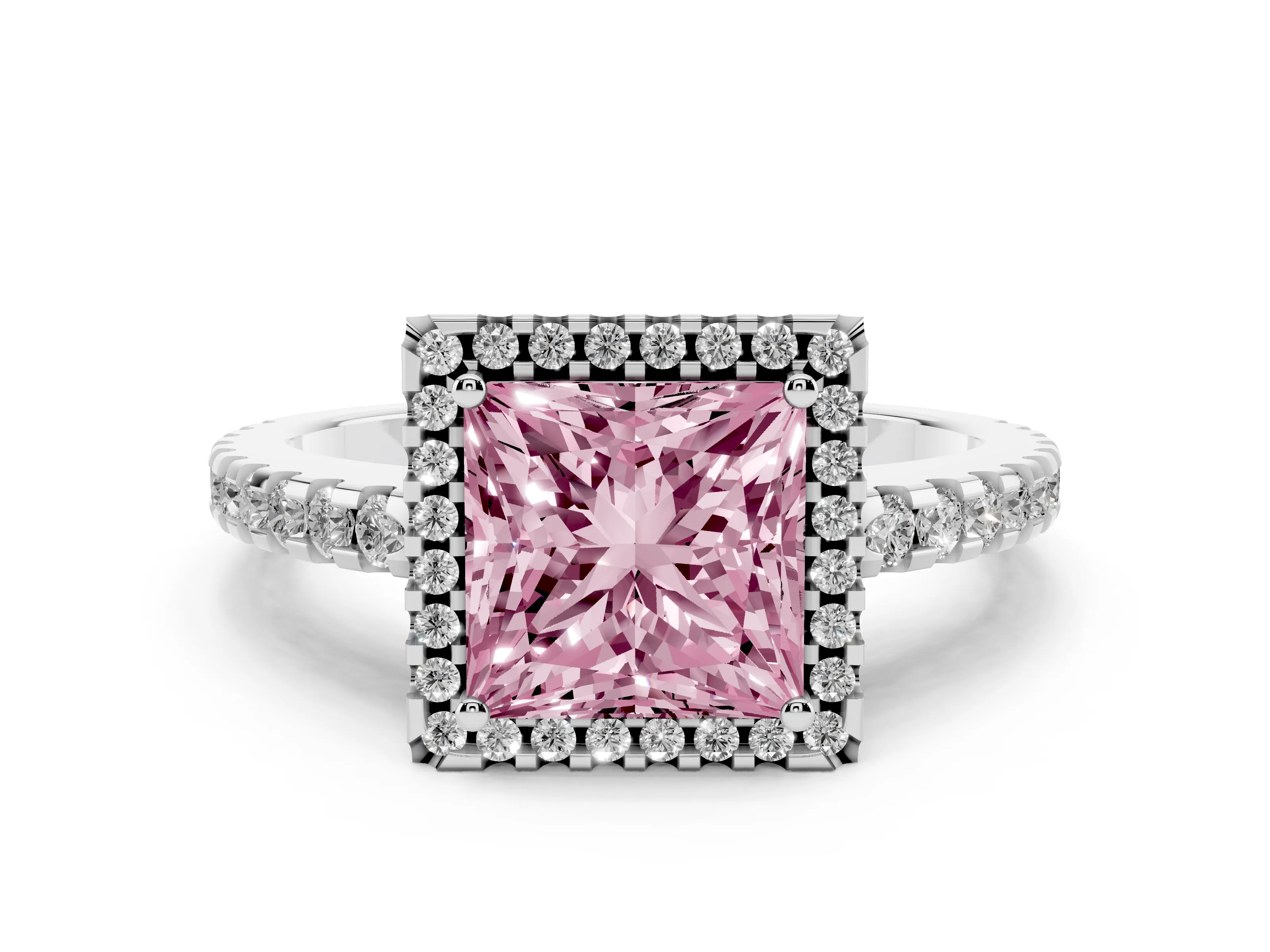 Fancy Pink Princess Cut Diamond Halo Ring Set in Platinum with Pavé Shoulders and Halo-Framed Center
