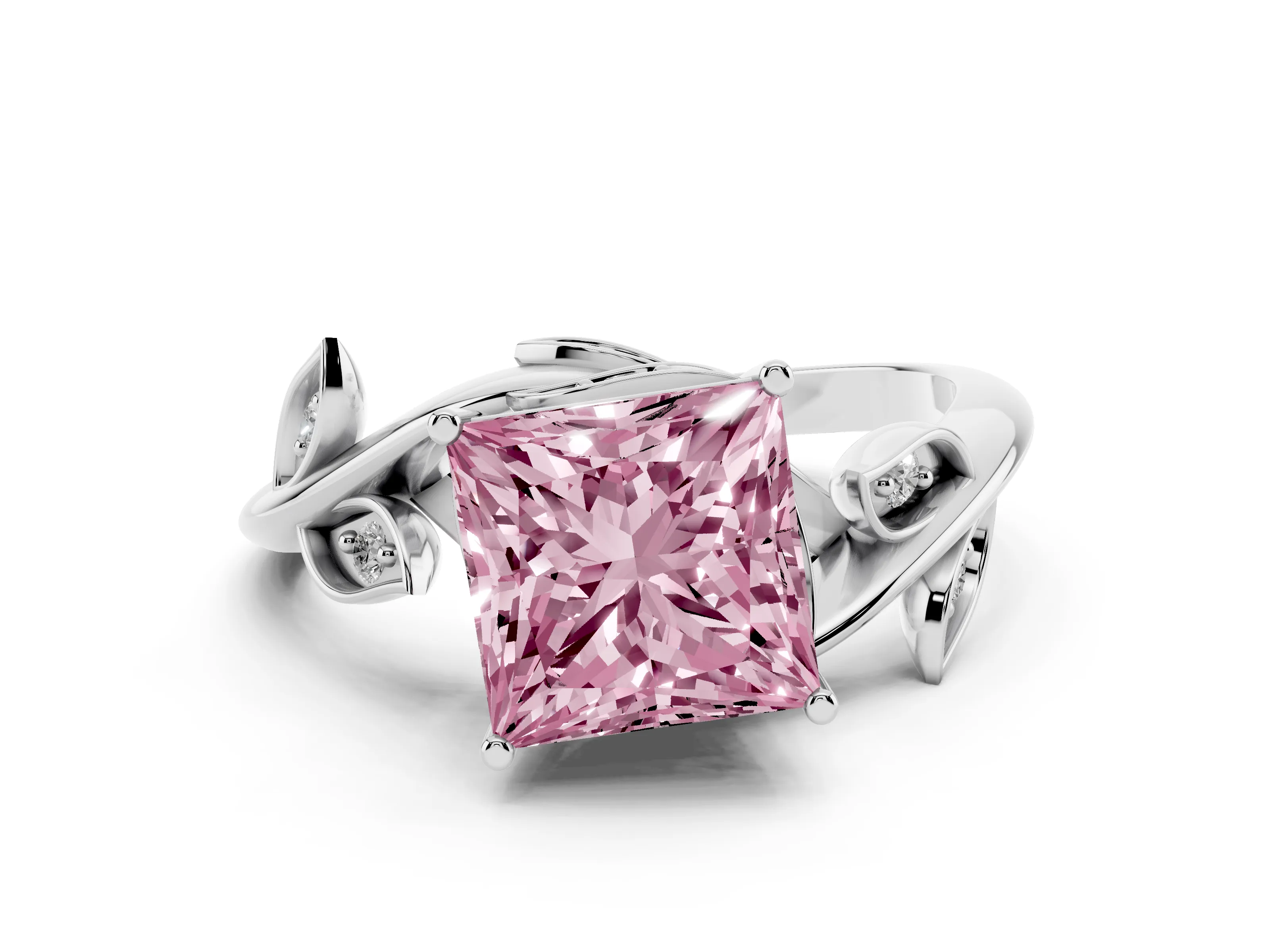 Fancy Pink Princess Cut Diamond Solitaire Twist Engagement Ring Set in White gold with Pavé Leaf Accents