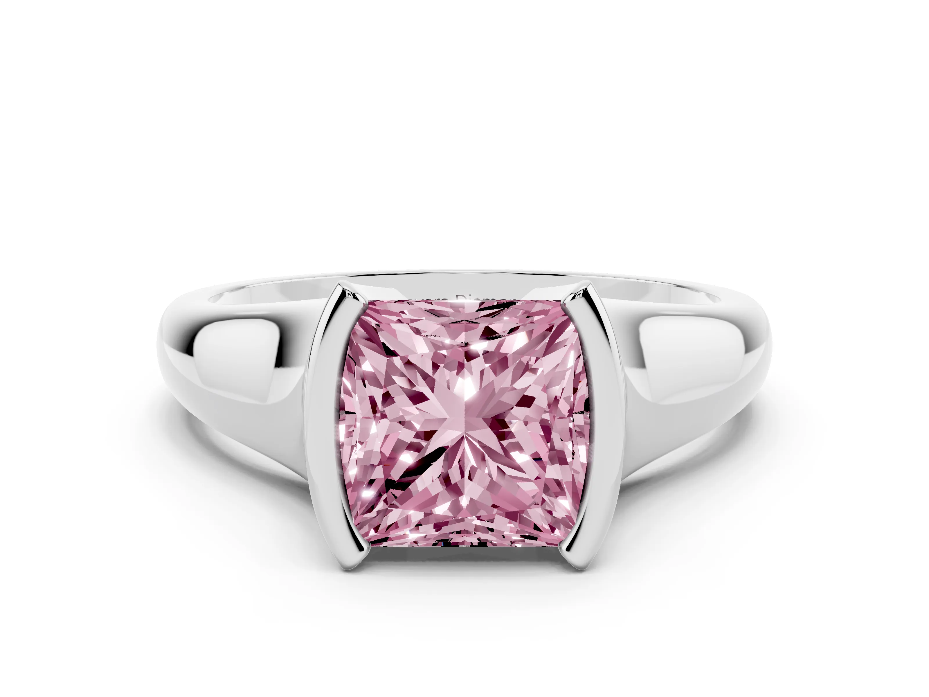 Fancy Pink Princess Cut Diamond Solitaire Tension Set Ring Set in White gold with Split Shank Band