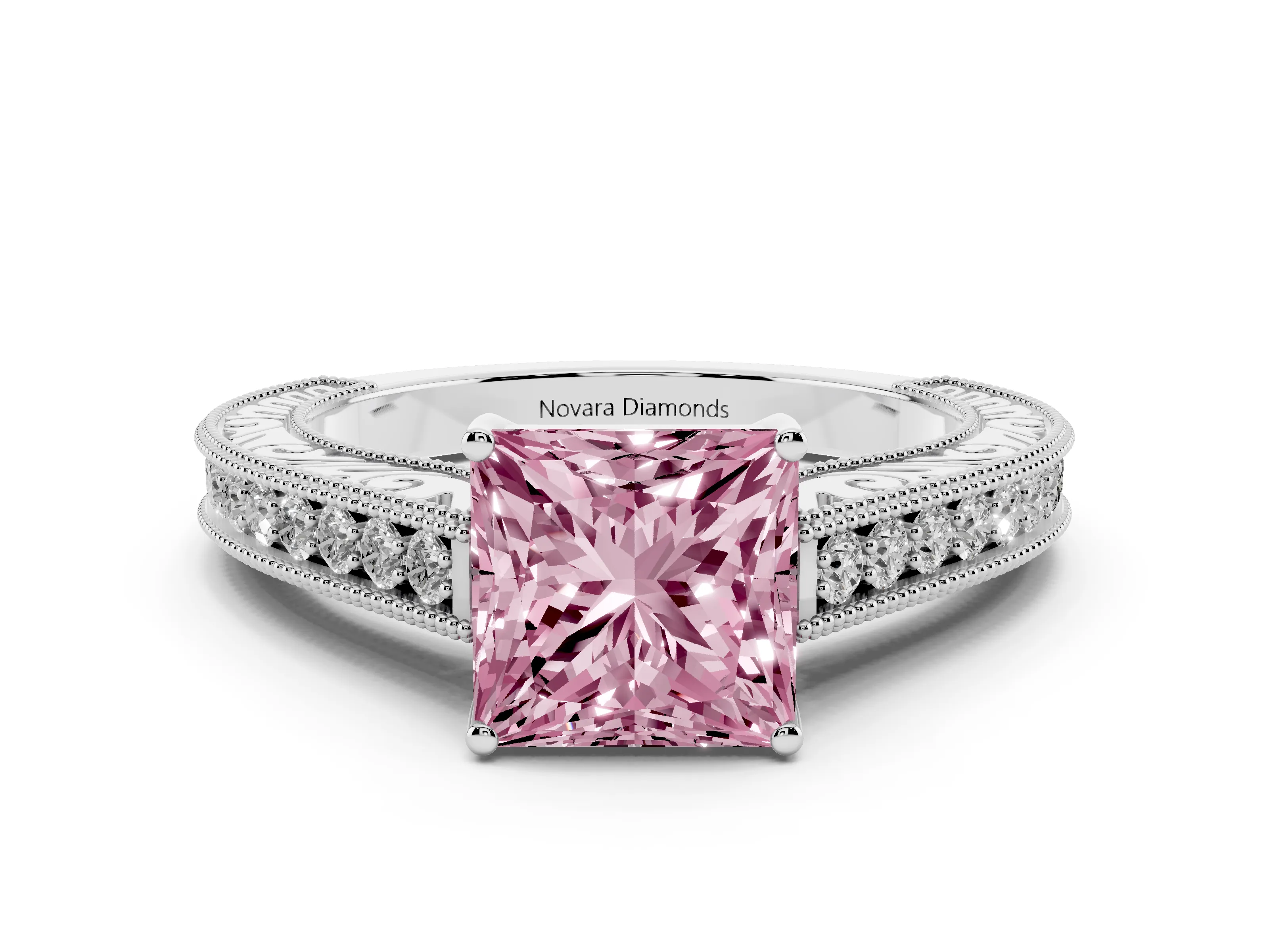 Fancy Pink Princess Cut Diamond Milgrain Pavé Band Solitaire Ring Set in White gold with Prong Setting
