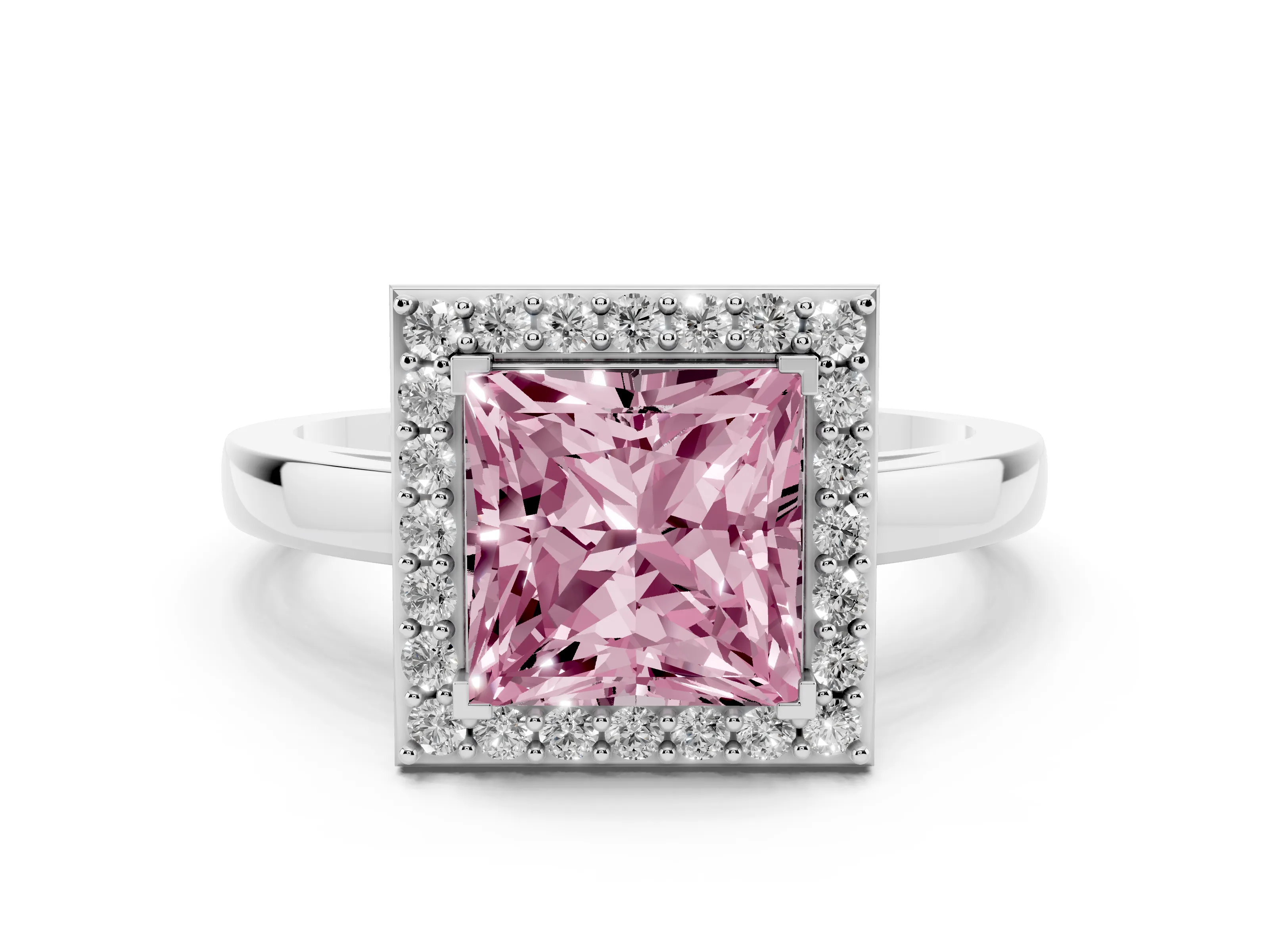 Fancy Pink Princess Cut Diamond Halo Ring Set in White gold with Solitaire Band and Prong Setting