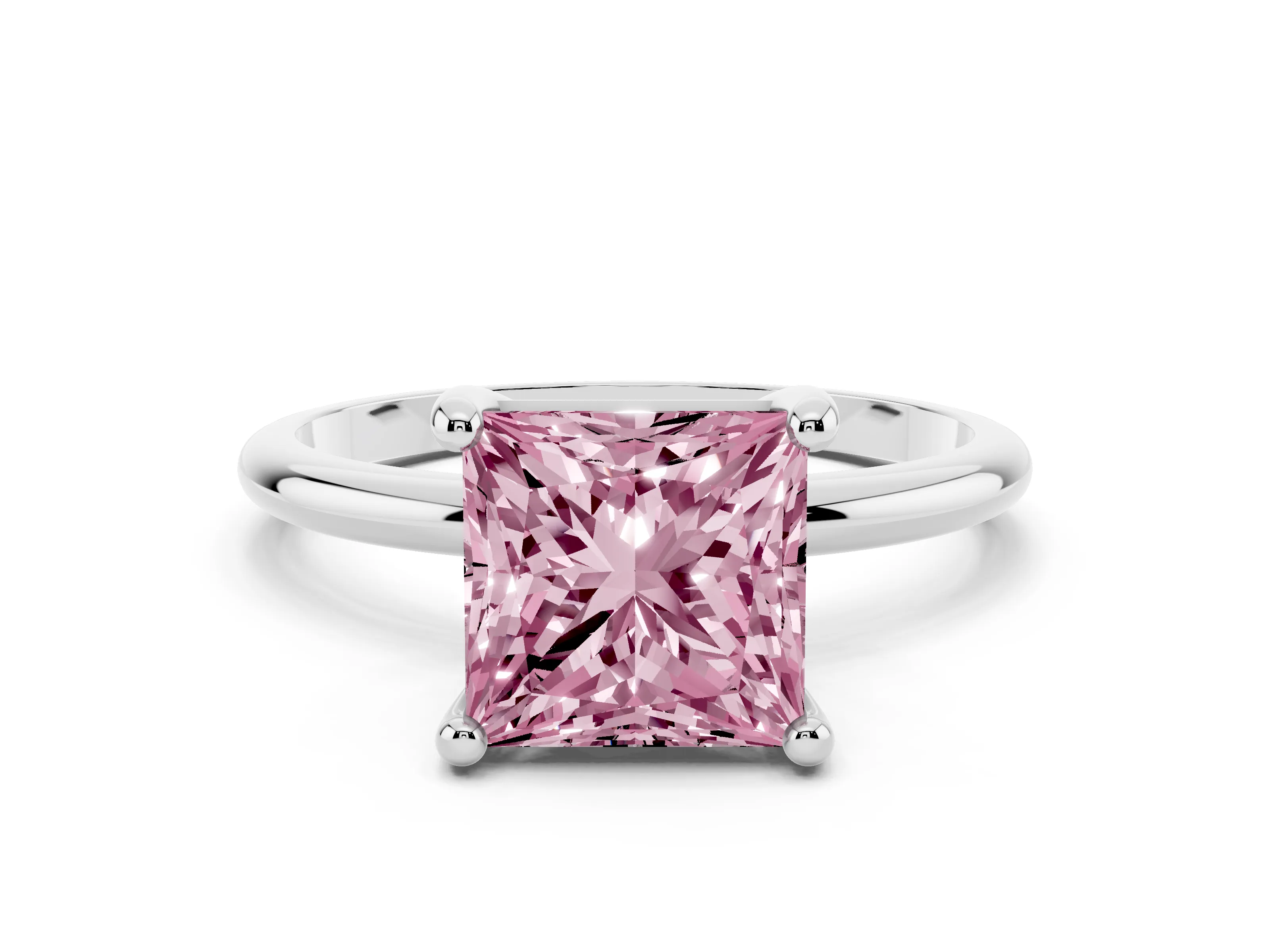 Fancy Pink Princess Cut Diamond Solitaire Ring Set in White gold with Secure Prong Setting on a Classic Band