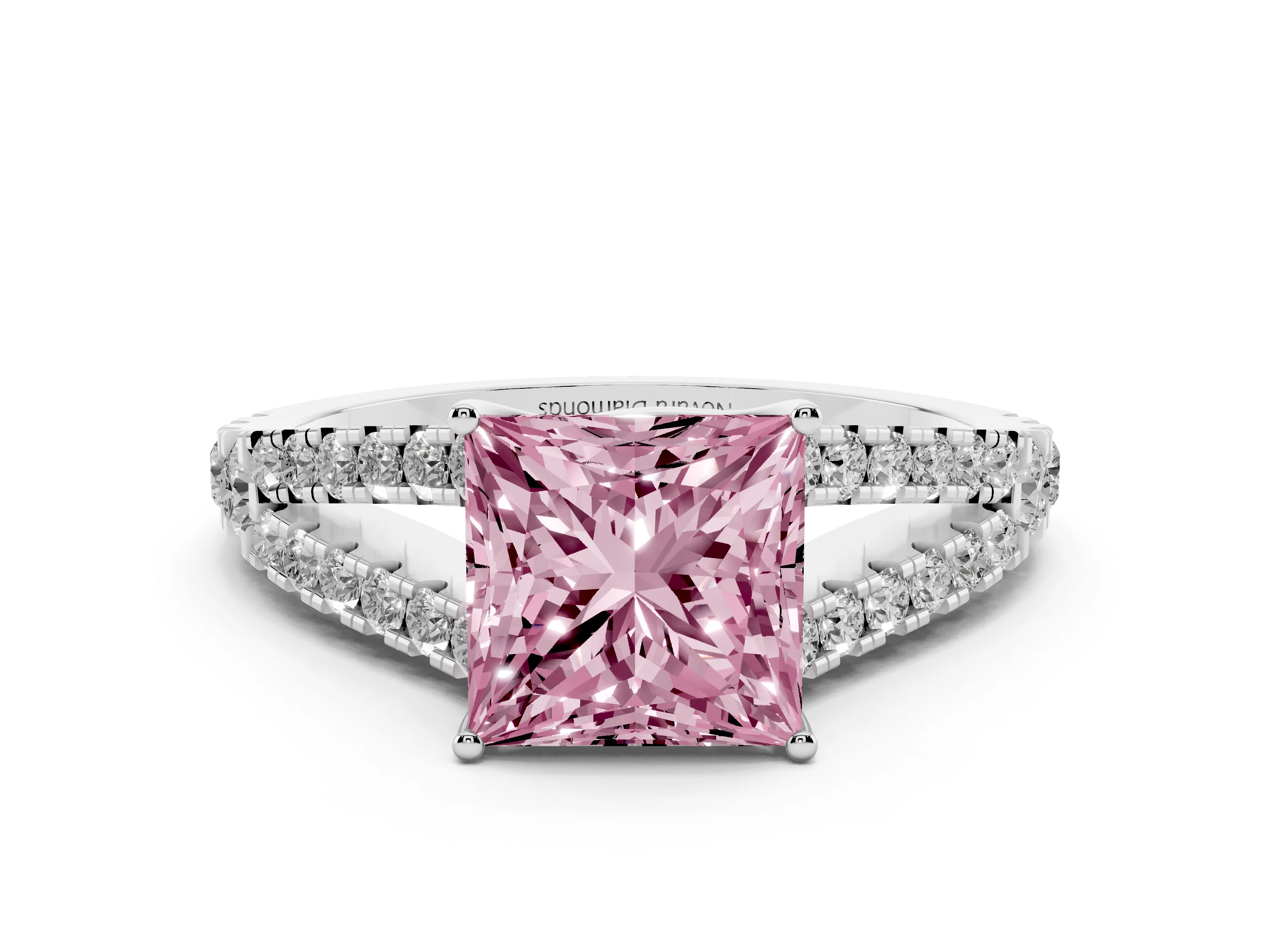 Fancy Pink Princess Cut Diamond Split Shank Pavé Engagement Ring Set in White gold with Prong-Held Center Stone
