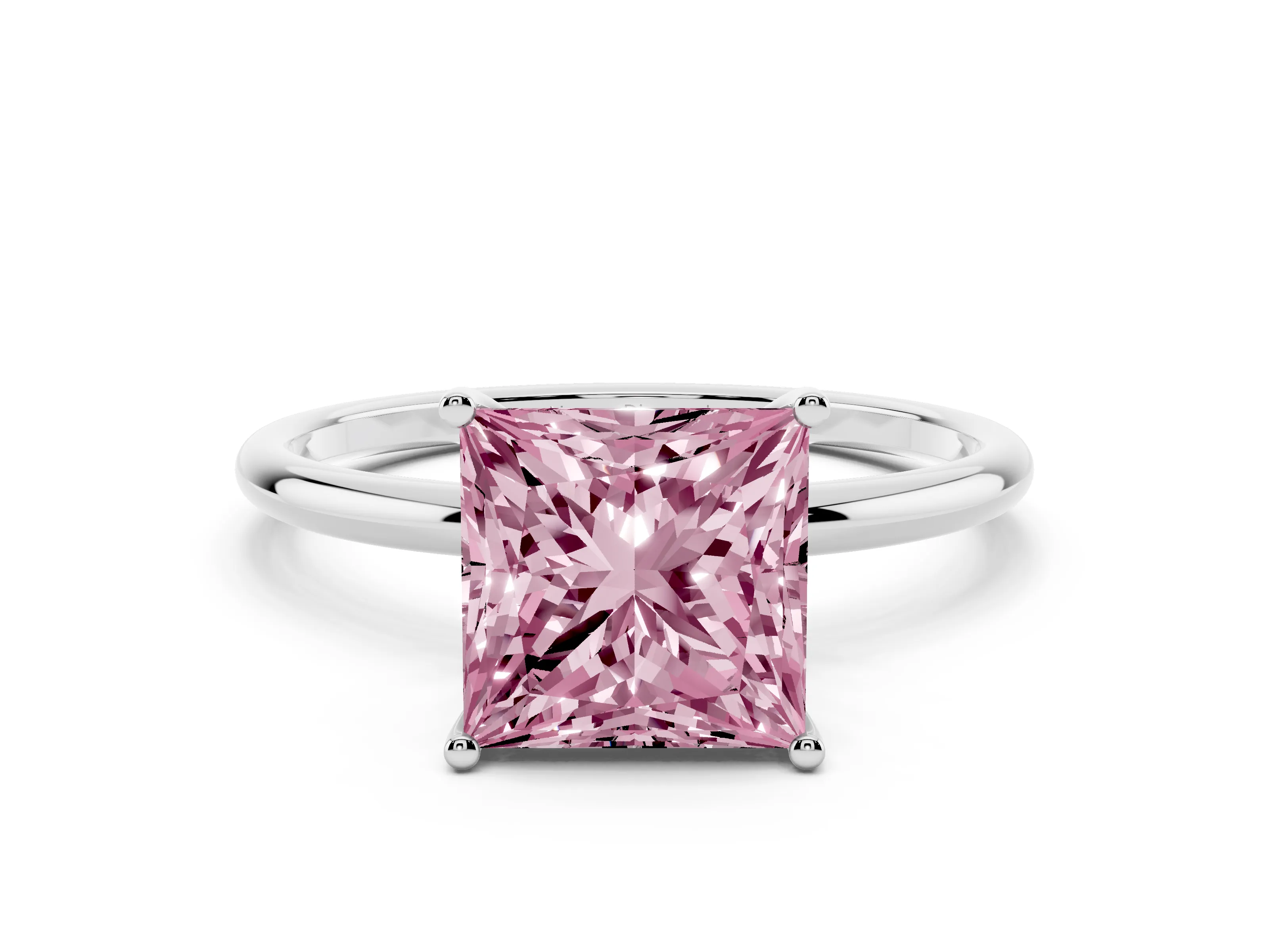 Fancy Pink Princess Cut Diamond Solitaire Engagement Ring Set in Platinum with Thin Band and Prong Setting