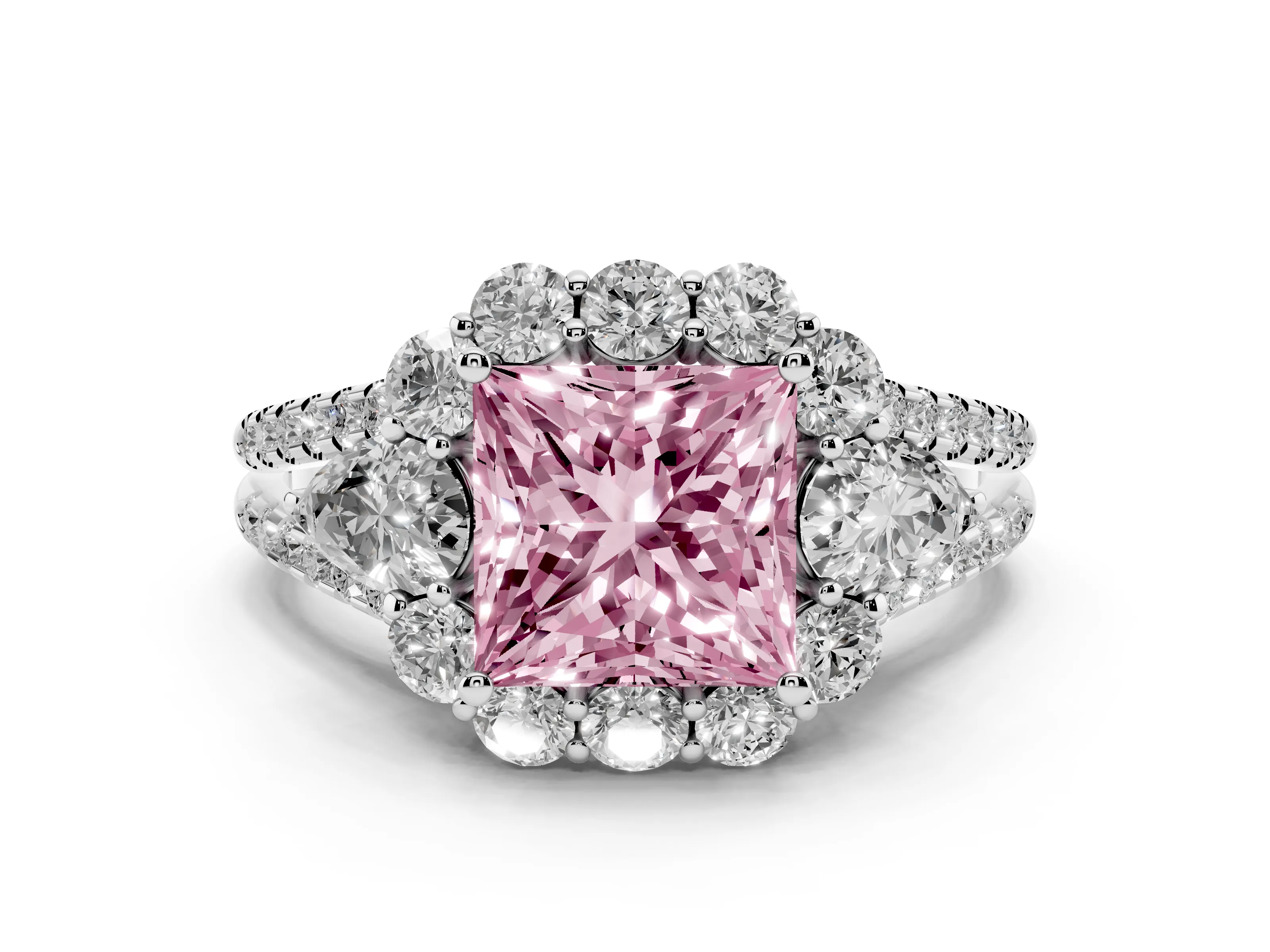 Fancy Pink Princess Cut Diamond Halo Split Shank Engagement Ring Set in Platinum with Prong-Held Center Stone