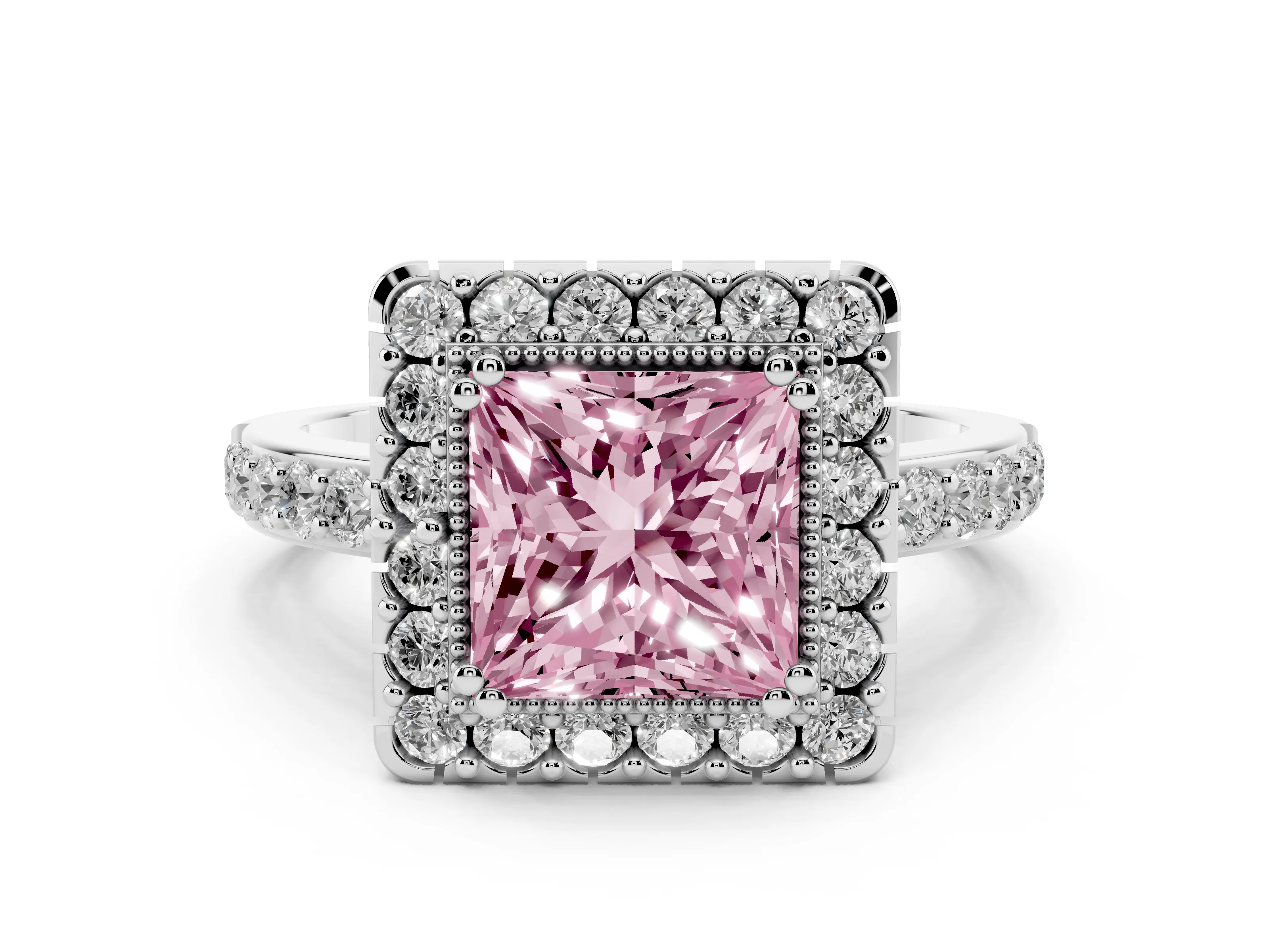 Fancy Pink Princess Cut Diamond Halo Ring Set in Platinum with Pavé Shank and Prong Setting