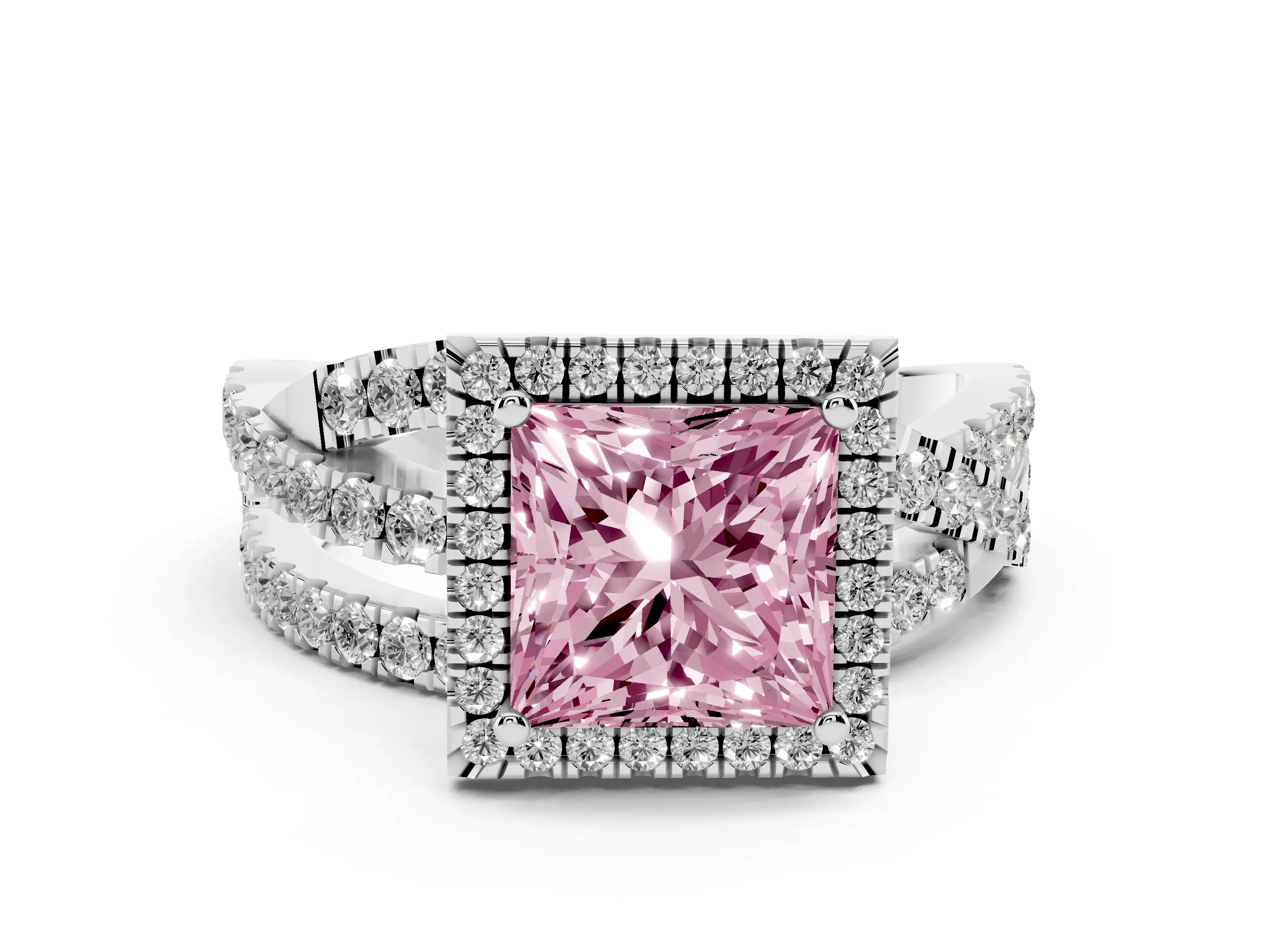 Fancy Pink Princess Cut Diamond Halo Ring Set in Platinum with Round Crossover Split Shank and Prong Setting