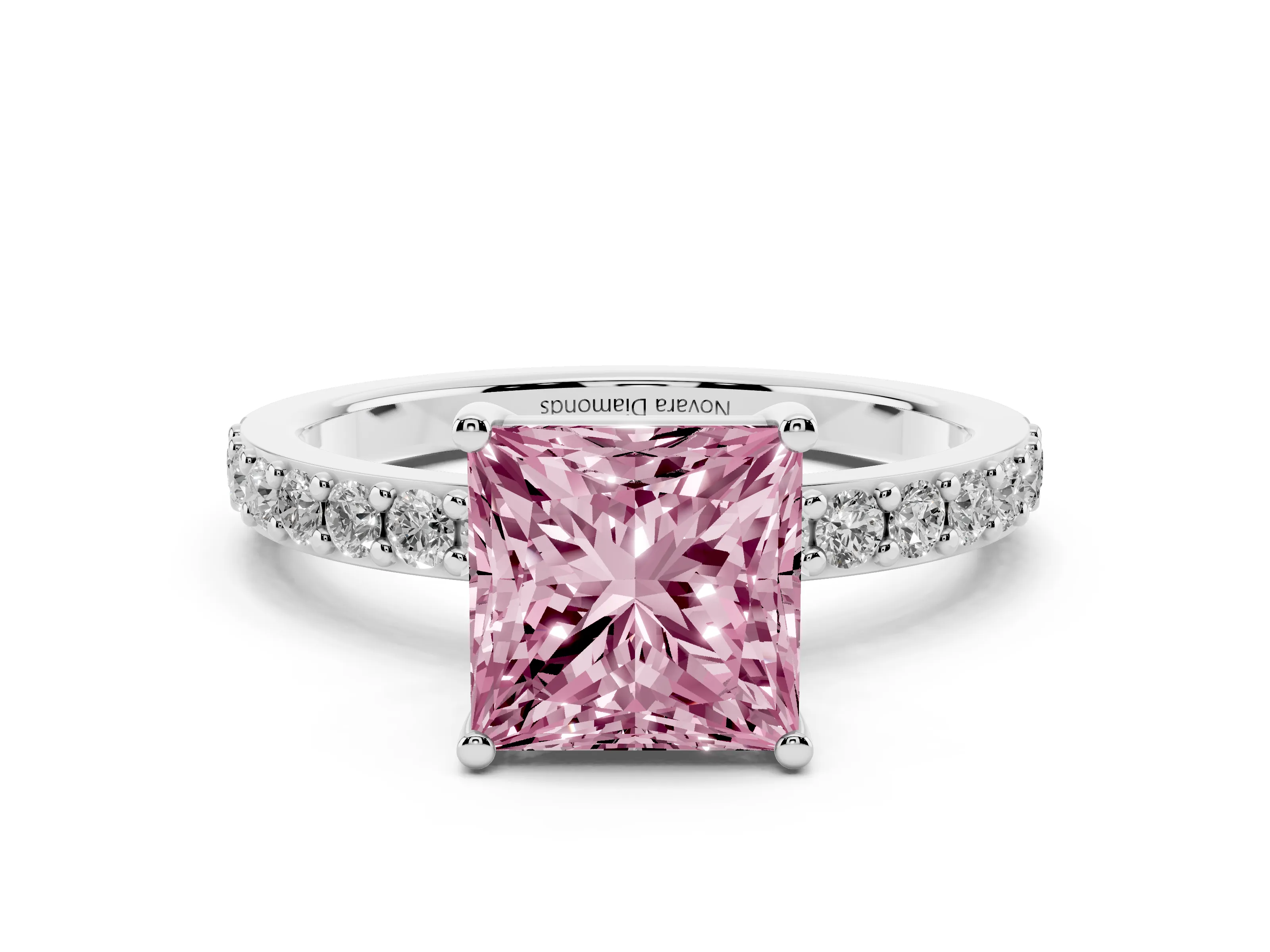 Fancy Pink Princess Cut Diamond Solitaire Set in White gold with Round Pavé Band and Prong Setting