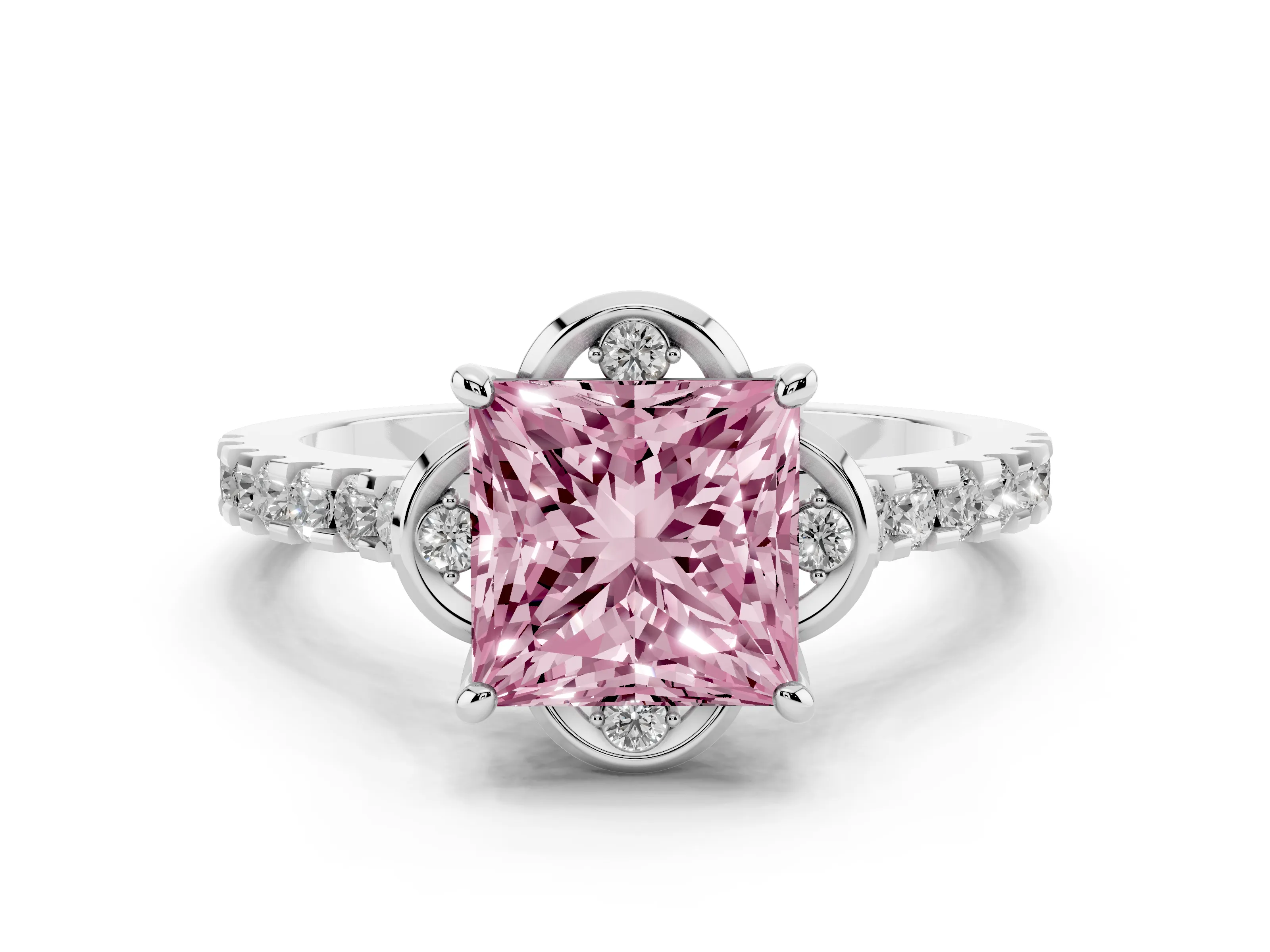 Fancy Pink Princess Cut Diamond Solitaire Ring Set in Platinum with Pavé Band and Floral Prong Setting
