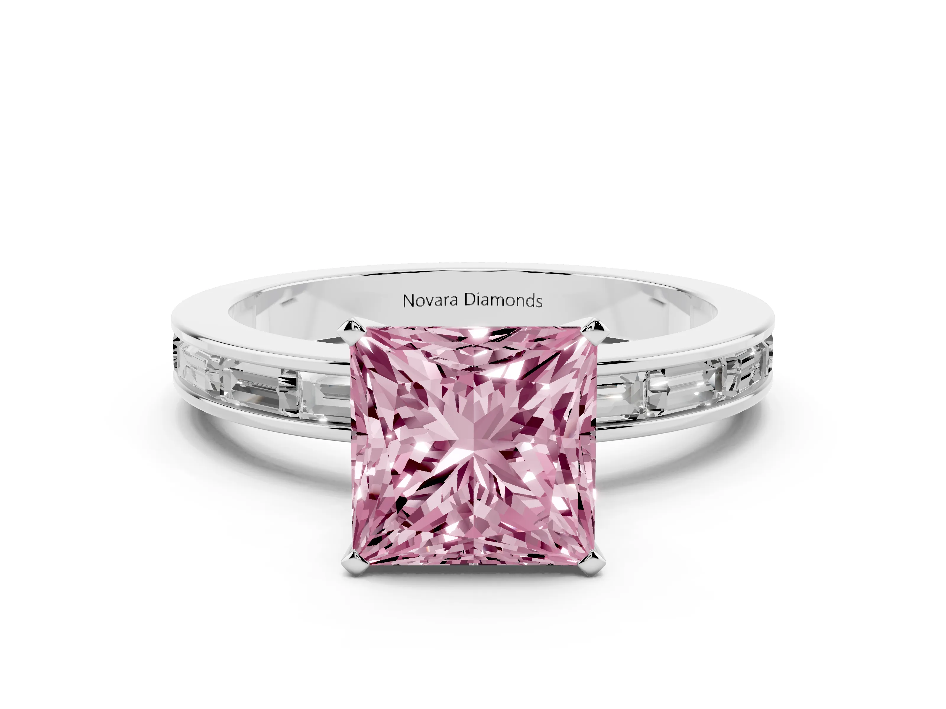 Fancy Pink Princess Cut Diamond Solitaire Ring Set in Platinum with Channel-Set Baguette Band and Prong Setting