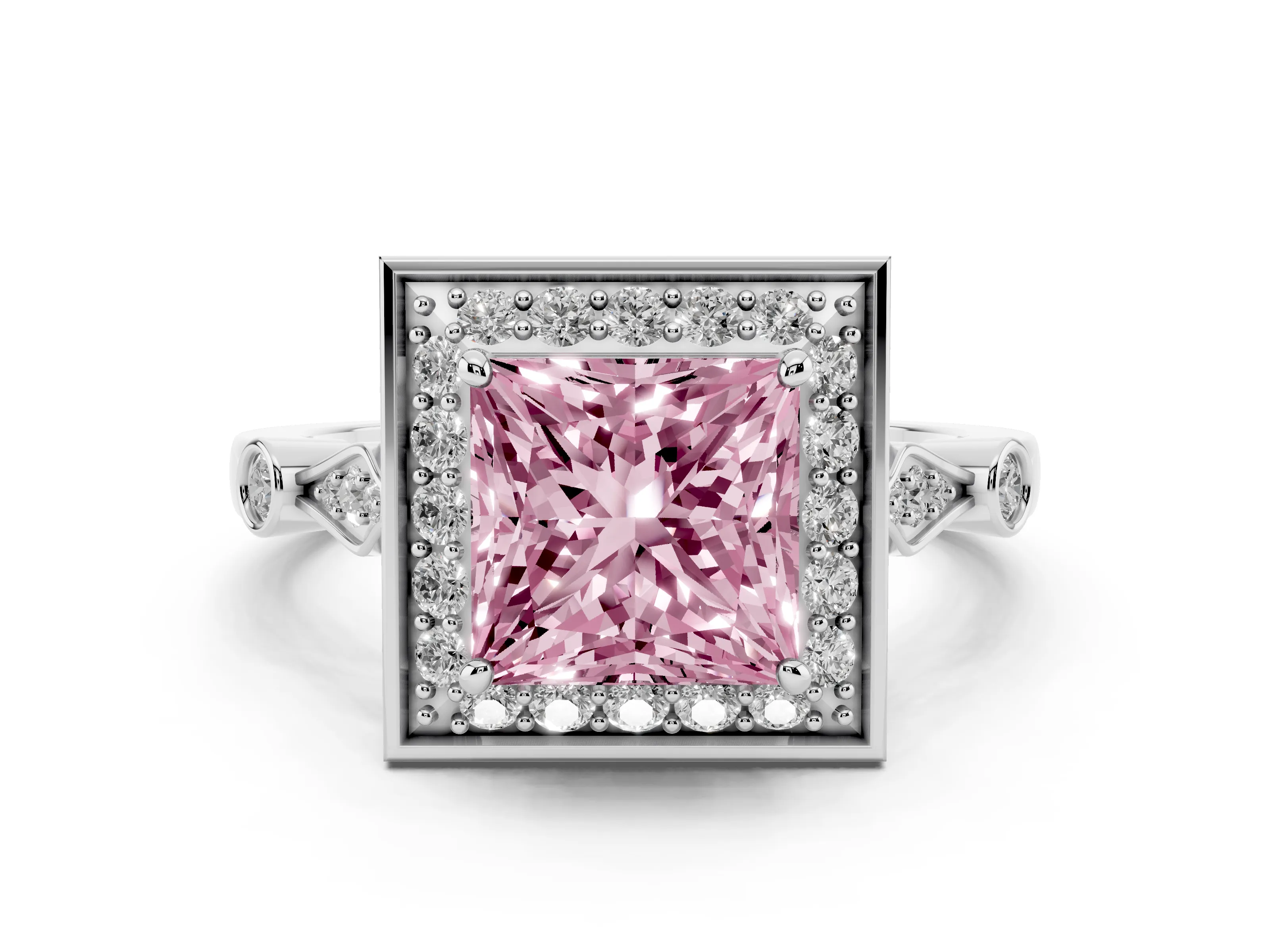 Fancy Pink Princess Cut Diamond Halo Engagement Ring Set in Platinum with Twisted Band and Prong Setting