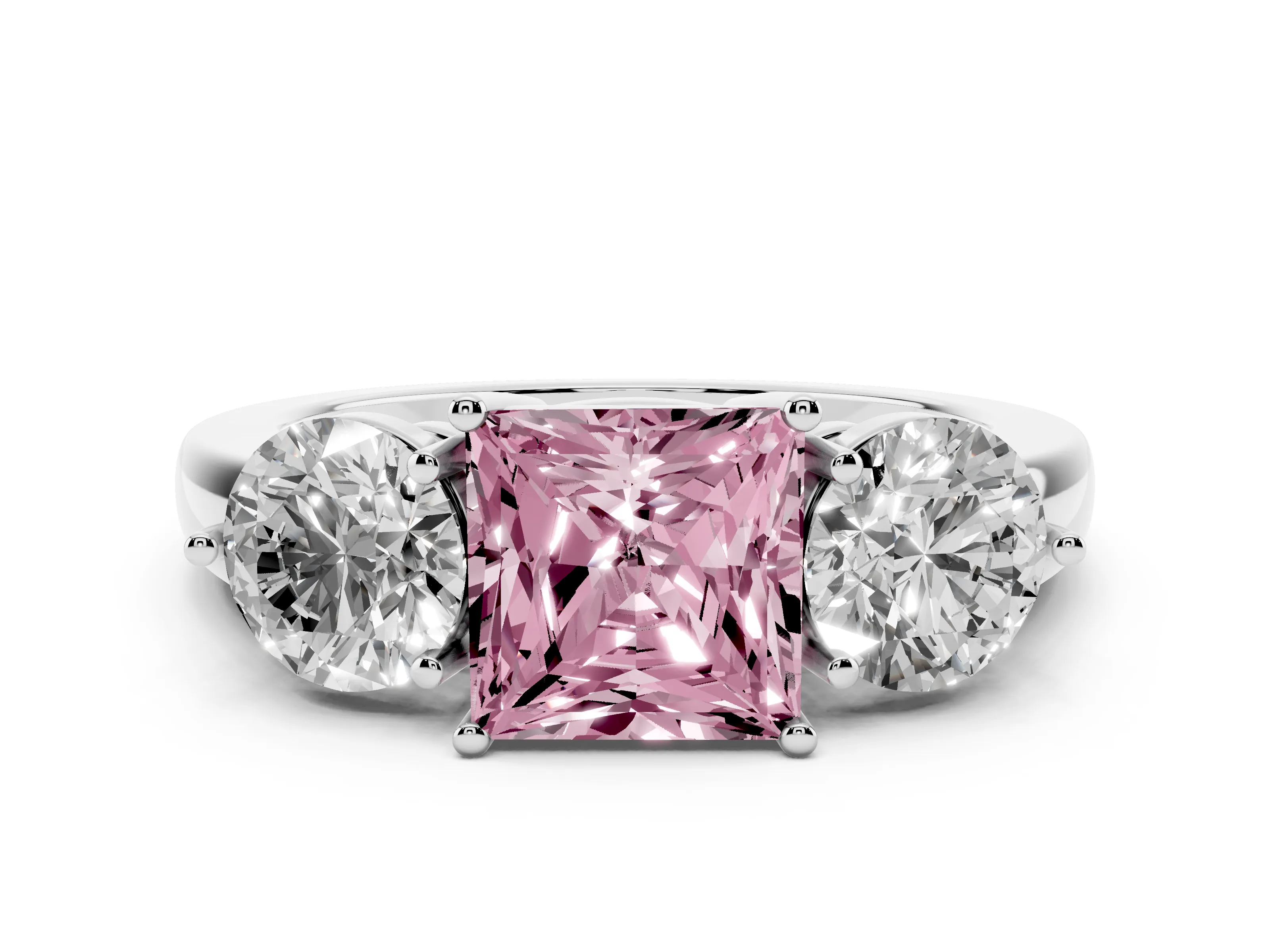 Fancy Pink Princess Cut Diamond Three-Stone Ring Set in Platinum with Prong Setting and Plain Band