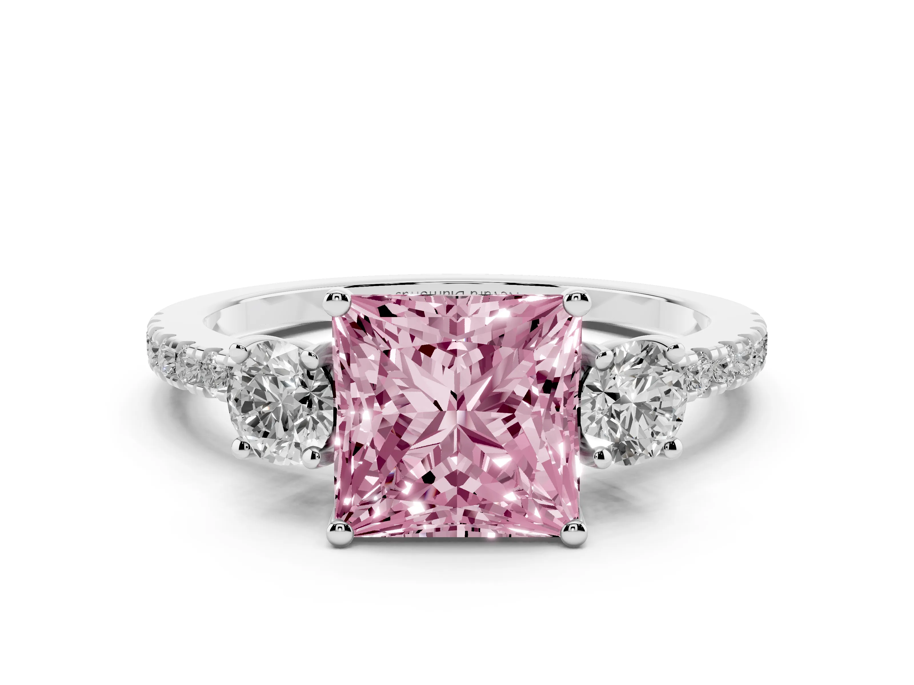 Fancy Pink Princess Cut Diamond Three-Stone Ring Set in White gold with Pavé Band and Graduated Sides