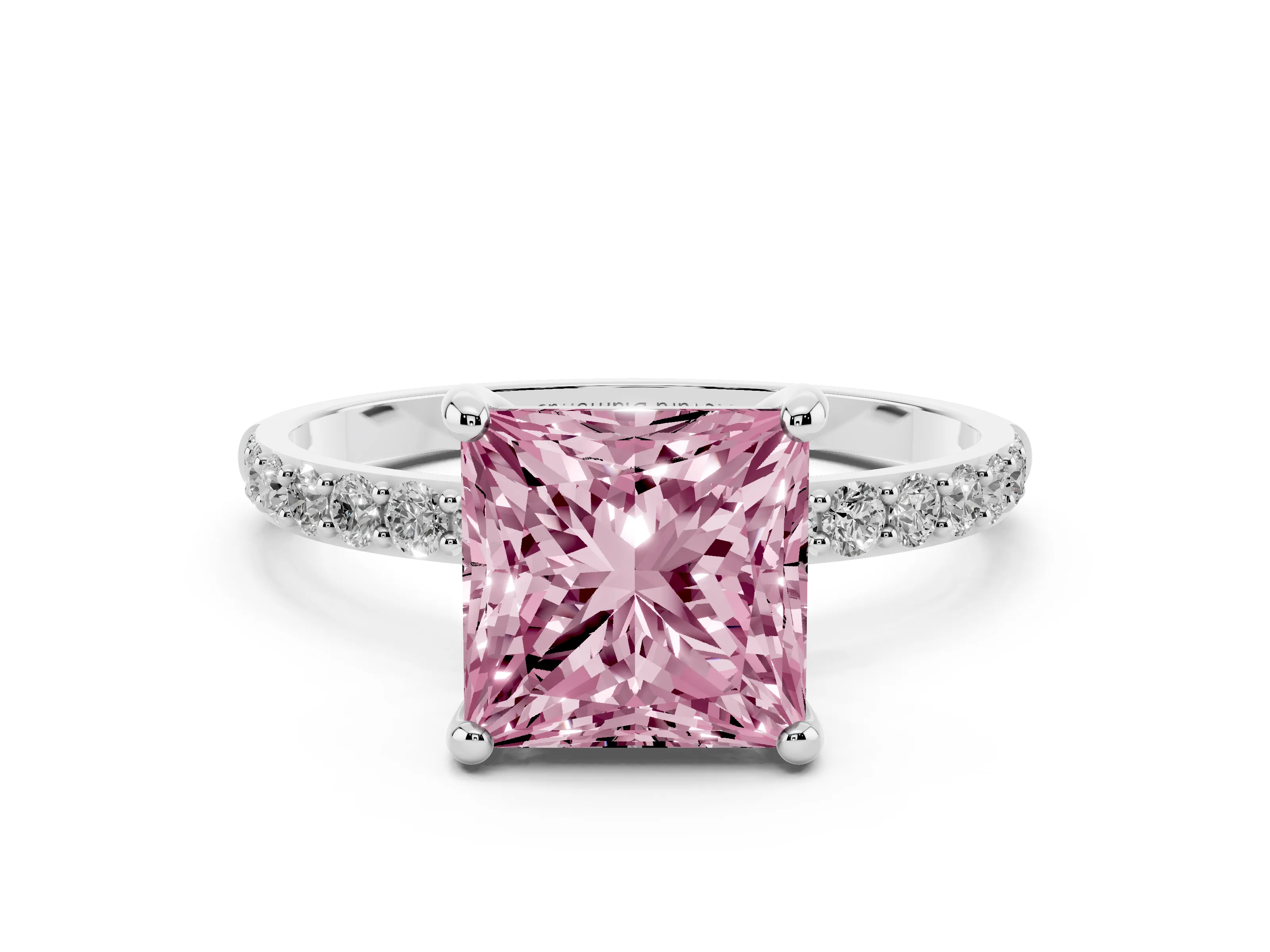 Fancy Pink Princess Cut Diamond Solitaire Ring Set in White gold with Round Pavé Band and Prong Setting