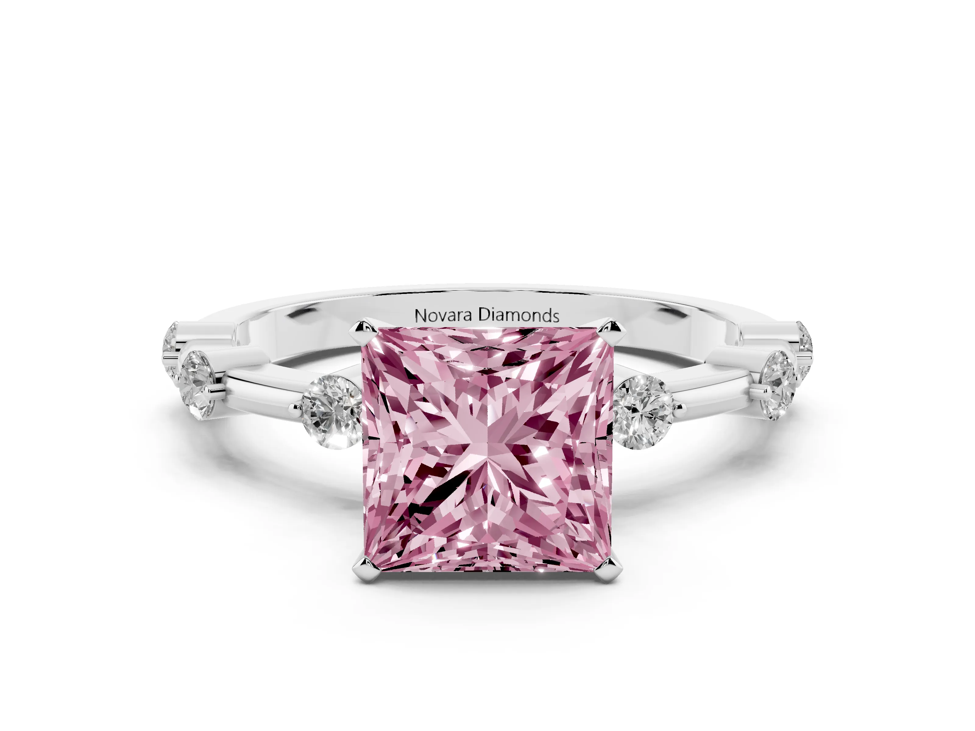 Fancy Pink Princess Cut Diamond Solitaire Ring Set in Platinum with Bezel Set Side Stones and Prong Setting