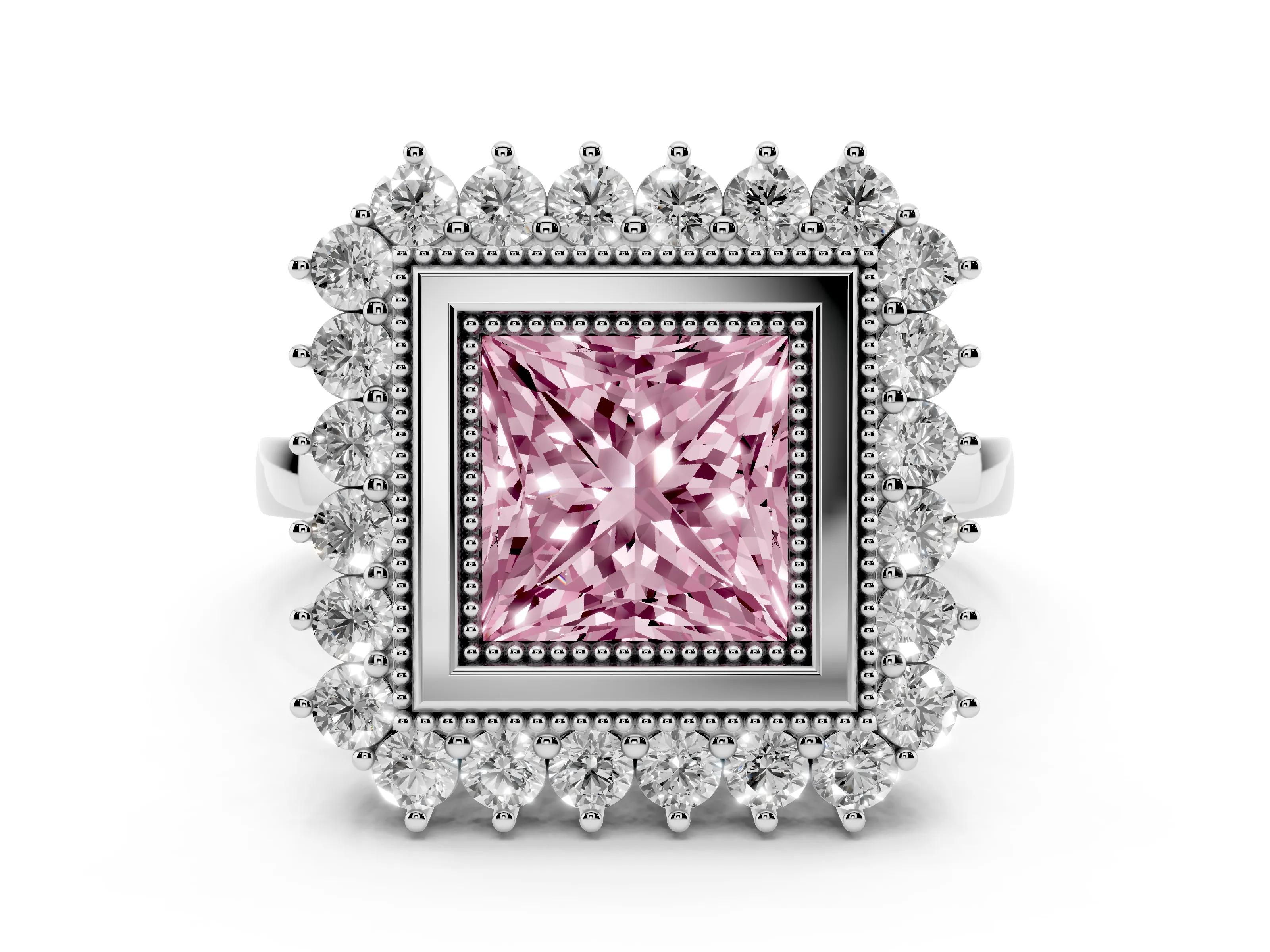 Fancy Pink Princess Cut Diamond Halo Ring Set in Platinum with Milgrain Edge and Round Prong Setting