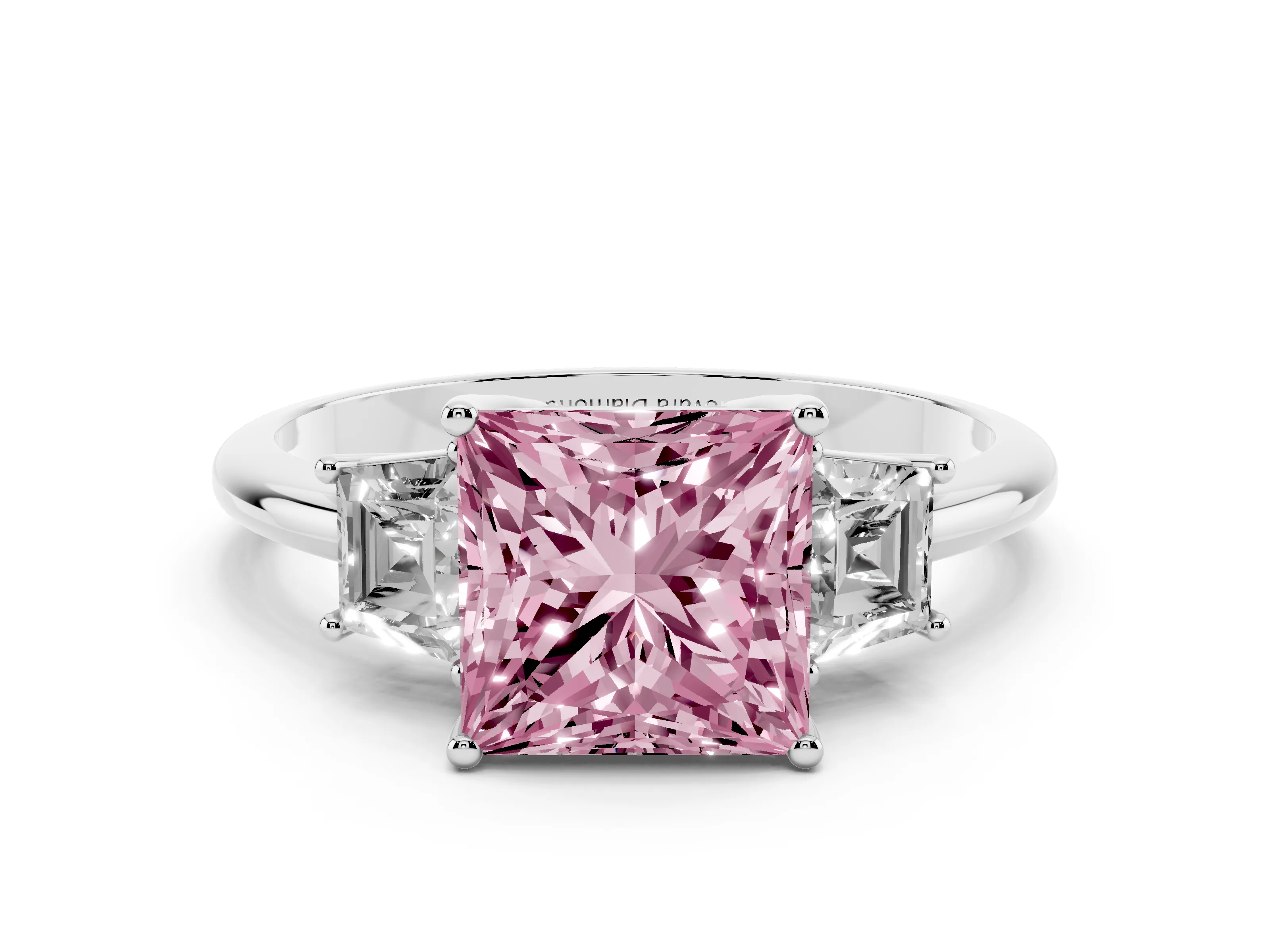 Fancy Pink Princess Cut Diamond Three-Stone Ring Set in Silver with Trapezoid Side Stones and Prong Setting