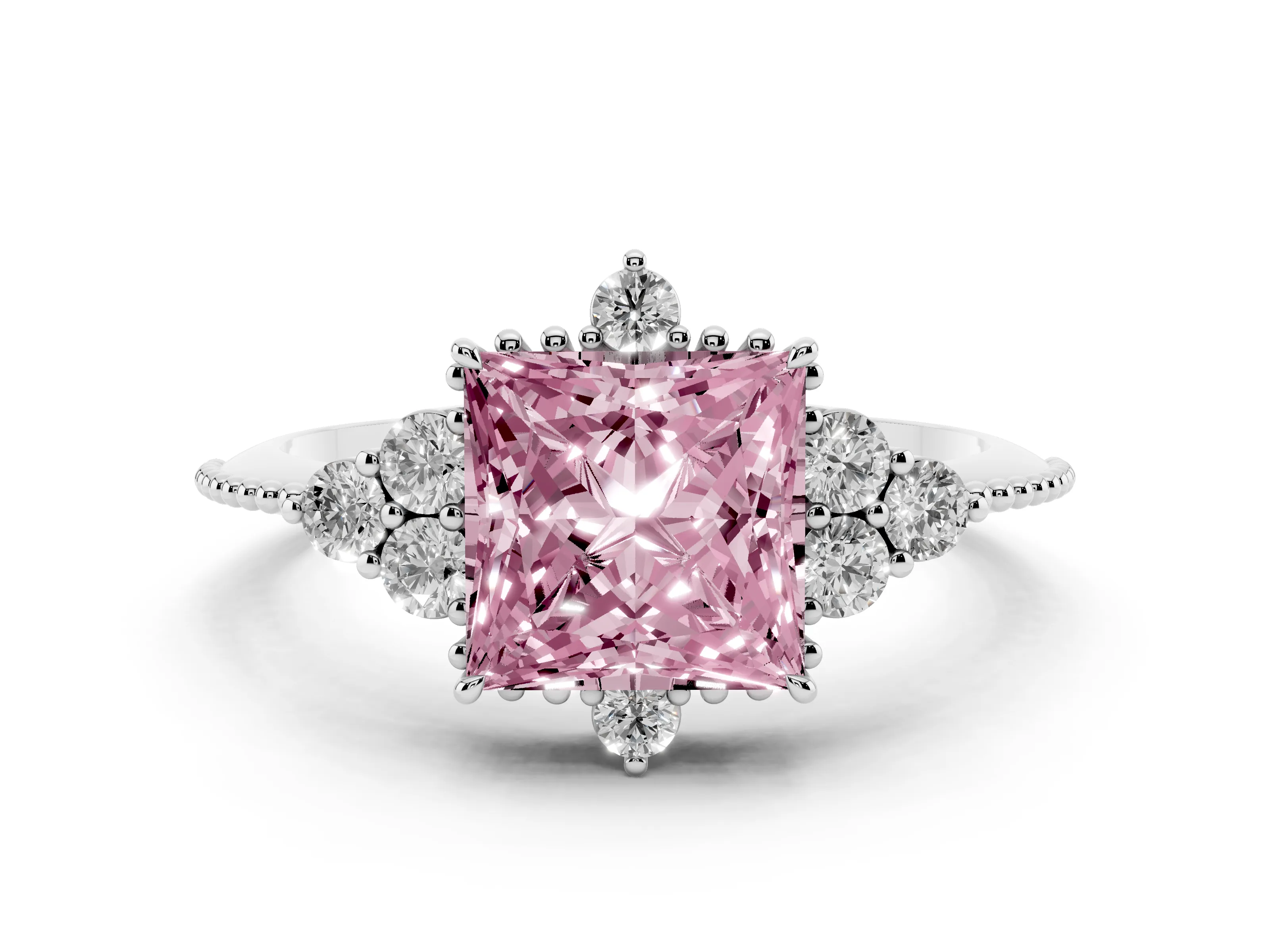 Fancy Pink Princess Cut Diamond Cluster Ring Set in Silver with Beaded Band