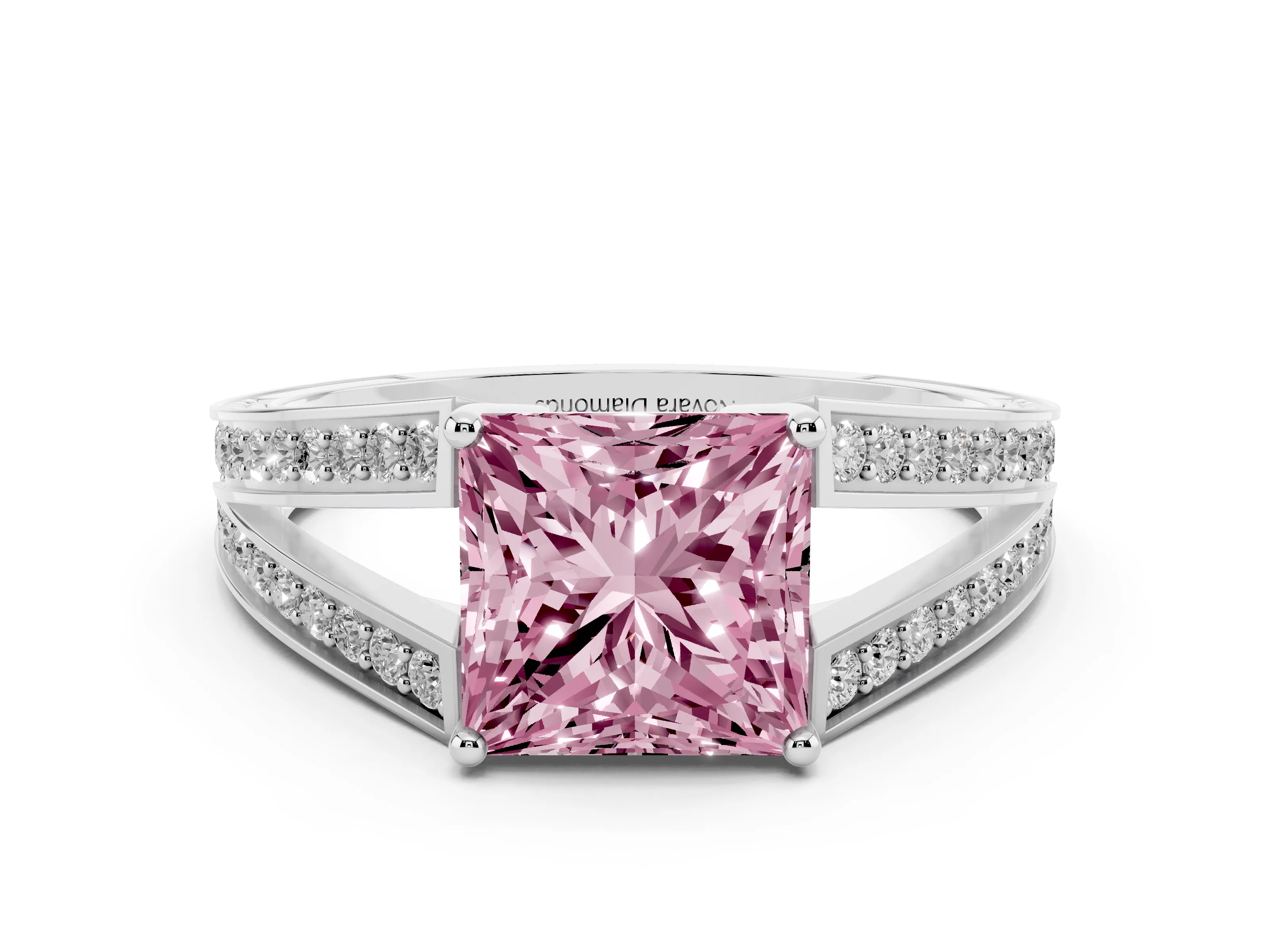 Fancy Pink Princess Cut Diamond Split Shank Ring Set in Platinum with Pavé Band and Prong Setting