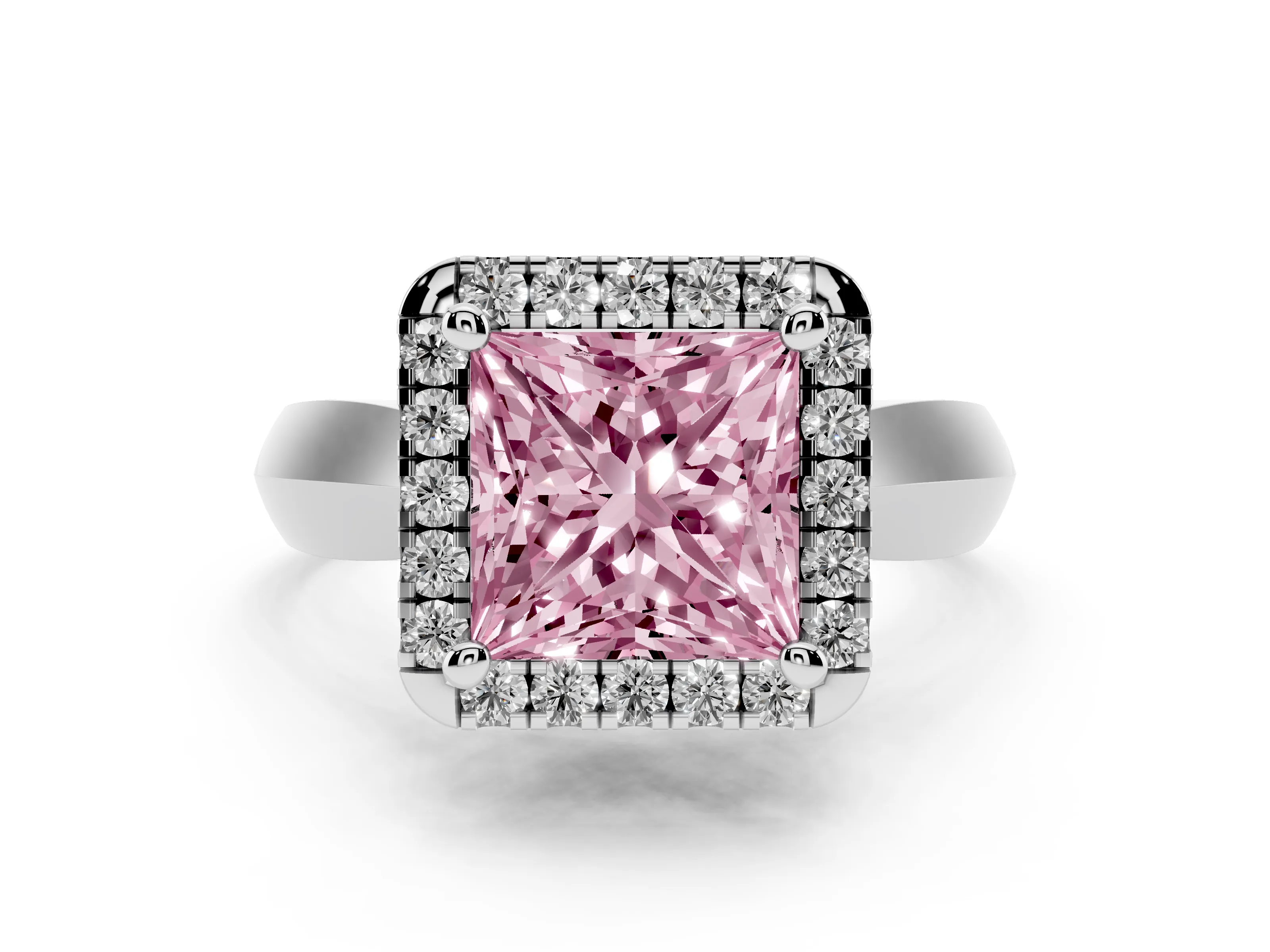 Fancy Pink Princess Cut Diamond Halo Solitaire Engagement Ring Set in Platinum with Square Band and Prong Setting