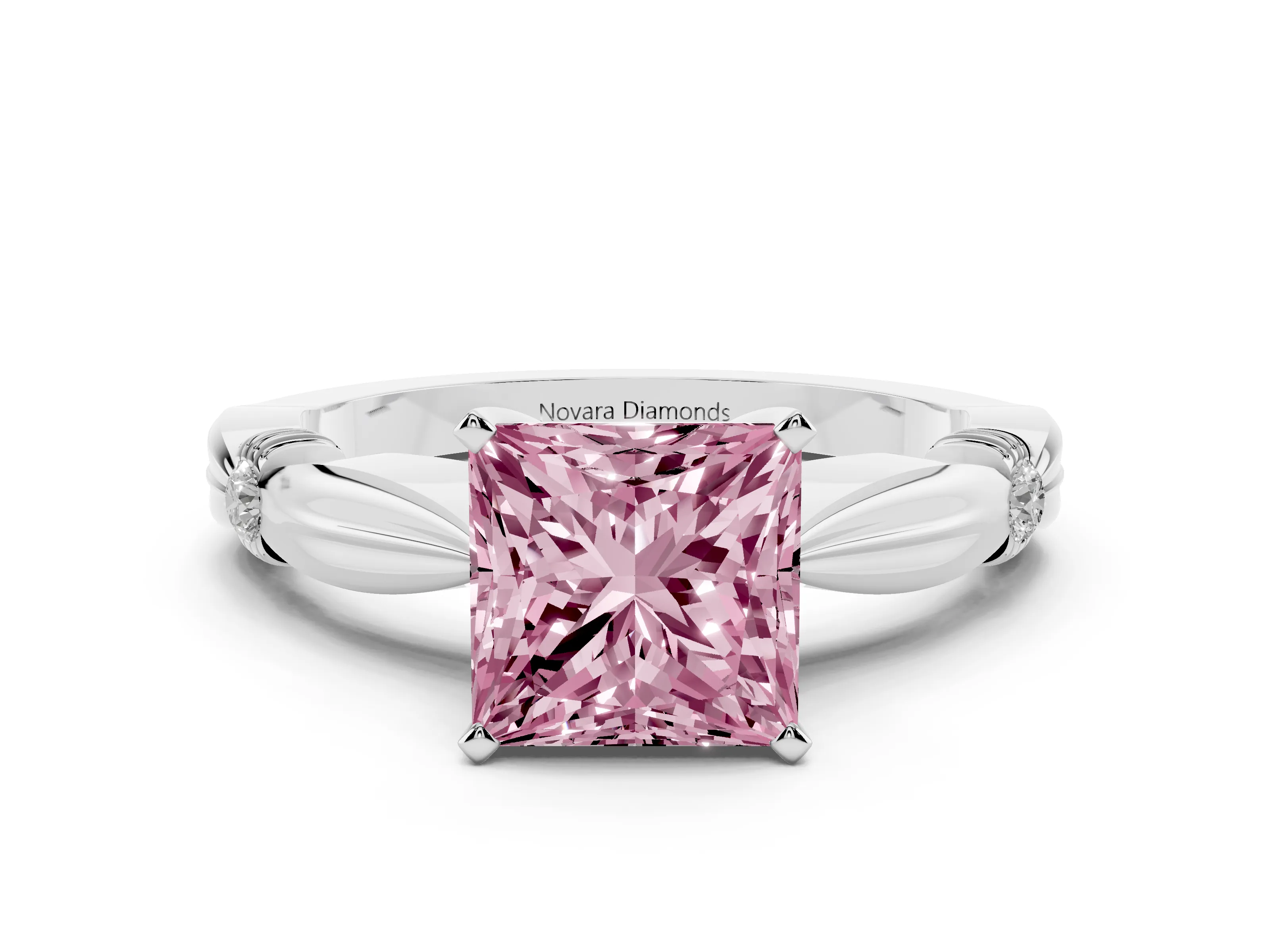 Fancy Pink Princess Cut Diamond Solitaire Twisted Band Ring Set in Silver with Accent Stones and Prong Setting
