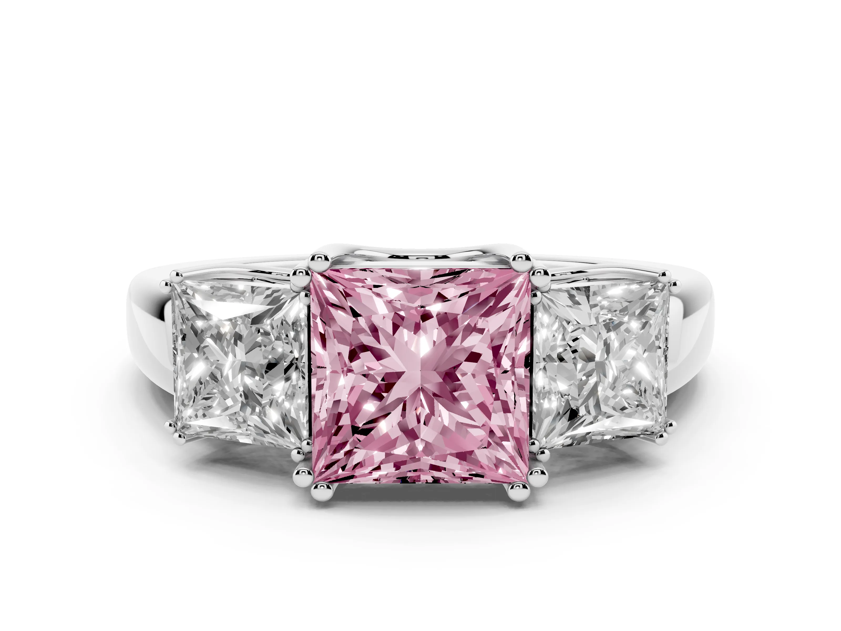 Fancy Pink Princess Cut Diamond Three-Stone Ring Set in White gold with Polished Channel-Set Band
