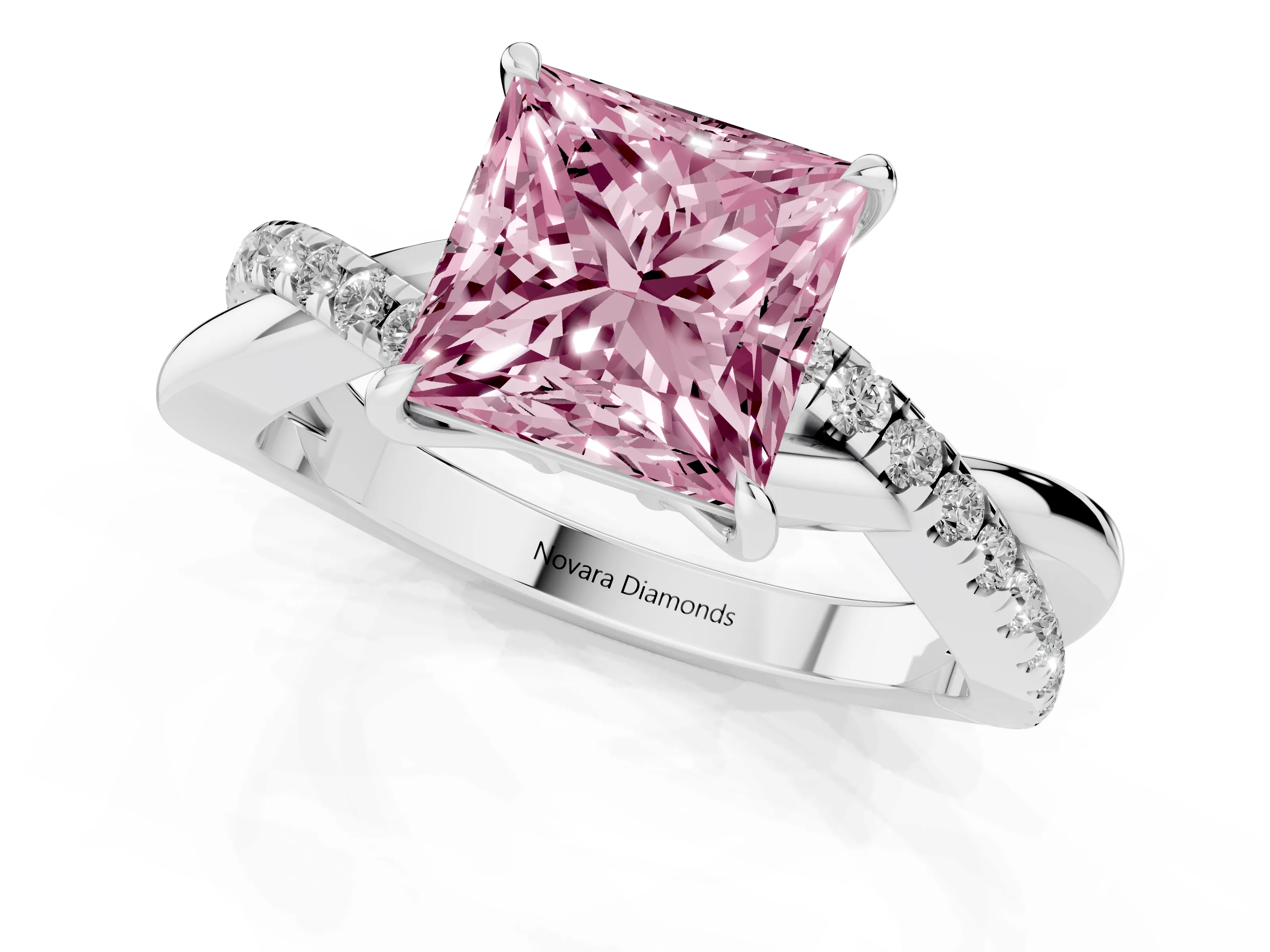 Fancy Pink Princess Cut Diamond Twisted Pavé Band Ring Set in Silver with Prong Setting