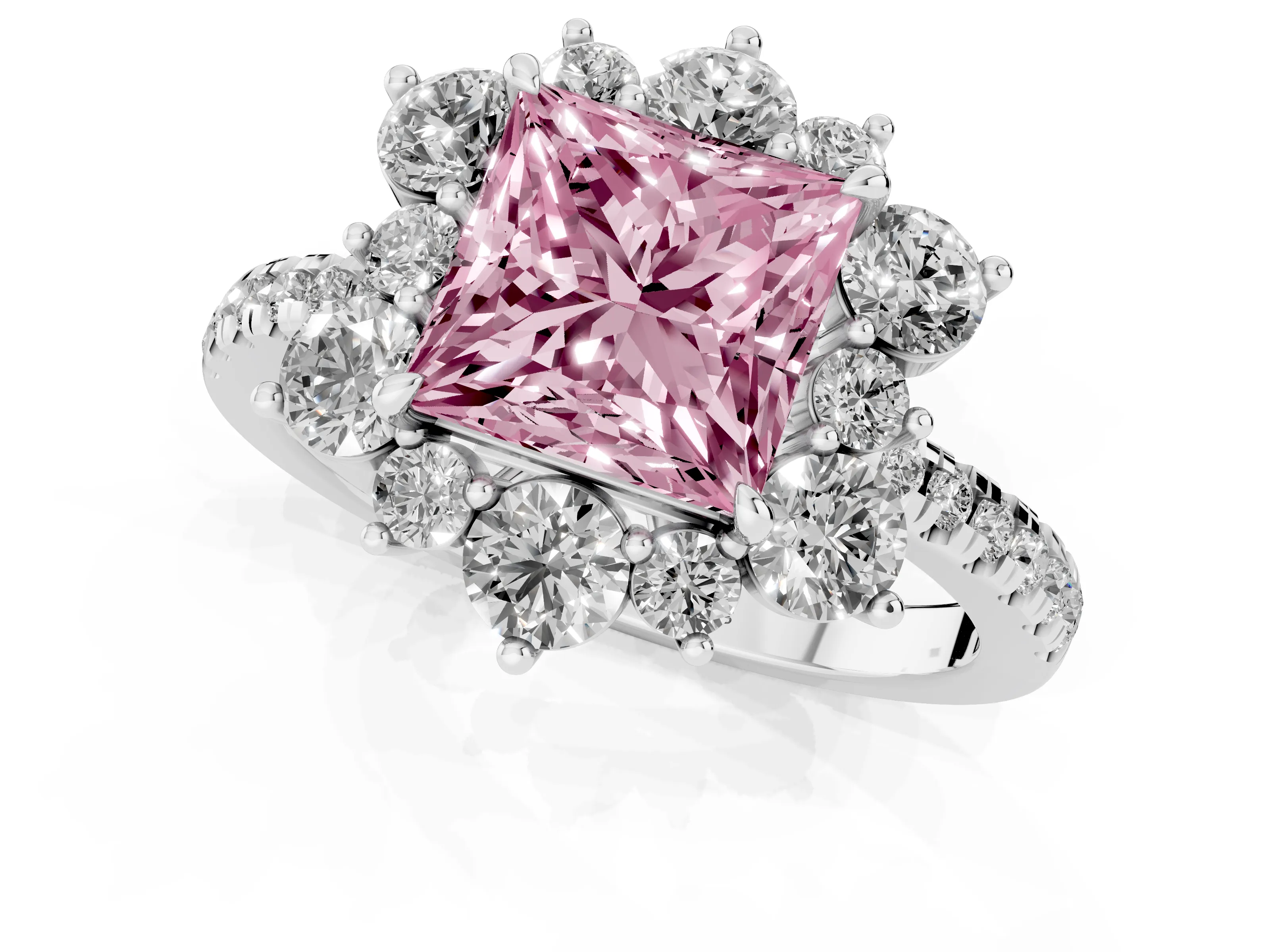 Fancy Pink Princess Cut Diamond Floral Halo Ring Set in White gold with Round Pavé Band and Prong Setting