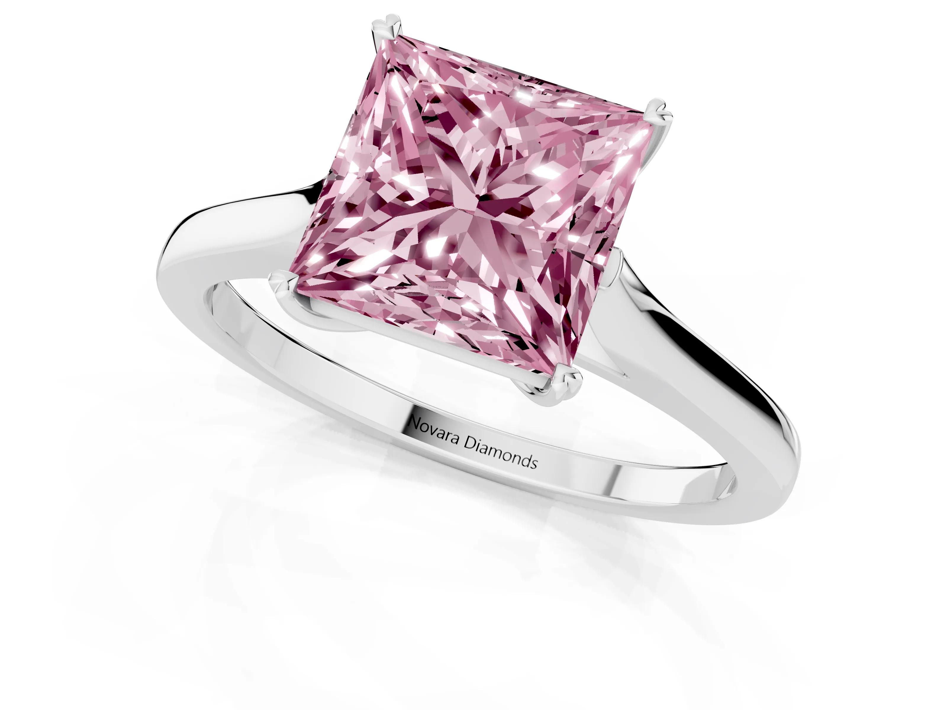 Fancy Pink Princess Cut Diamond Solitaire Heart Prong Engagement Ring Set in White gold with Tapered Band