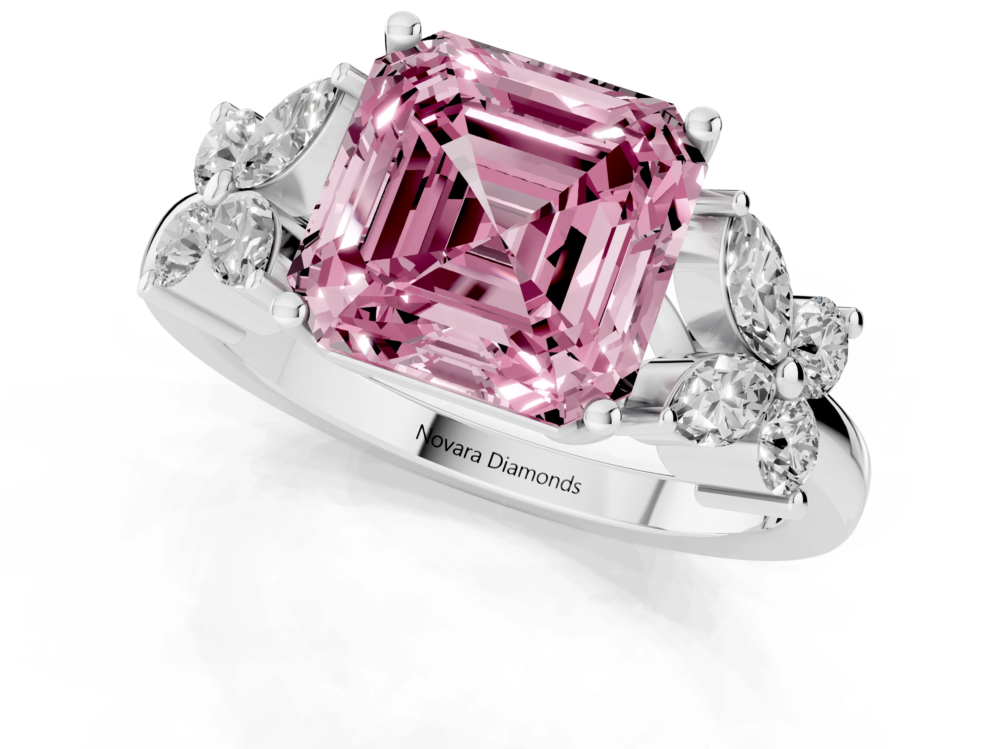 Fancy Pink Princess Cut Diamond Floral Cluster Ring Set in Silver with Marquise Petals and Prong Setting