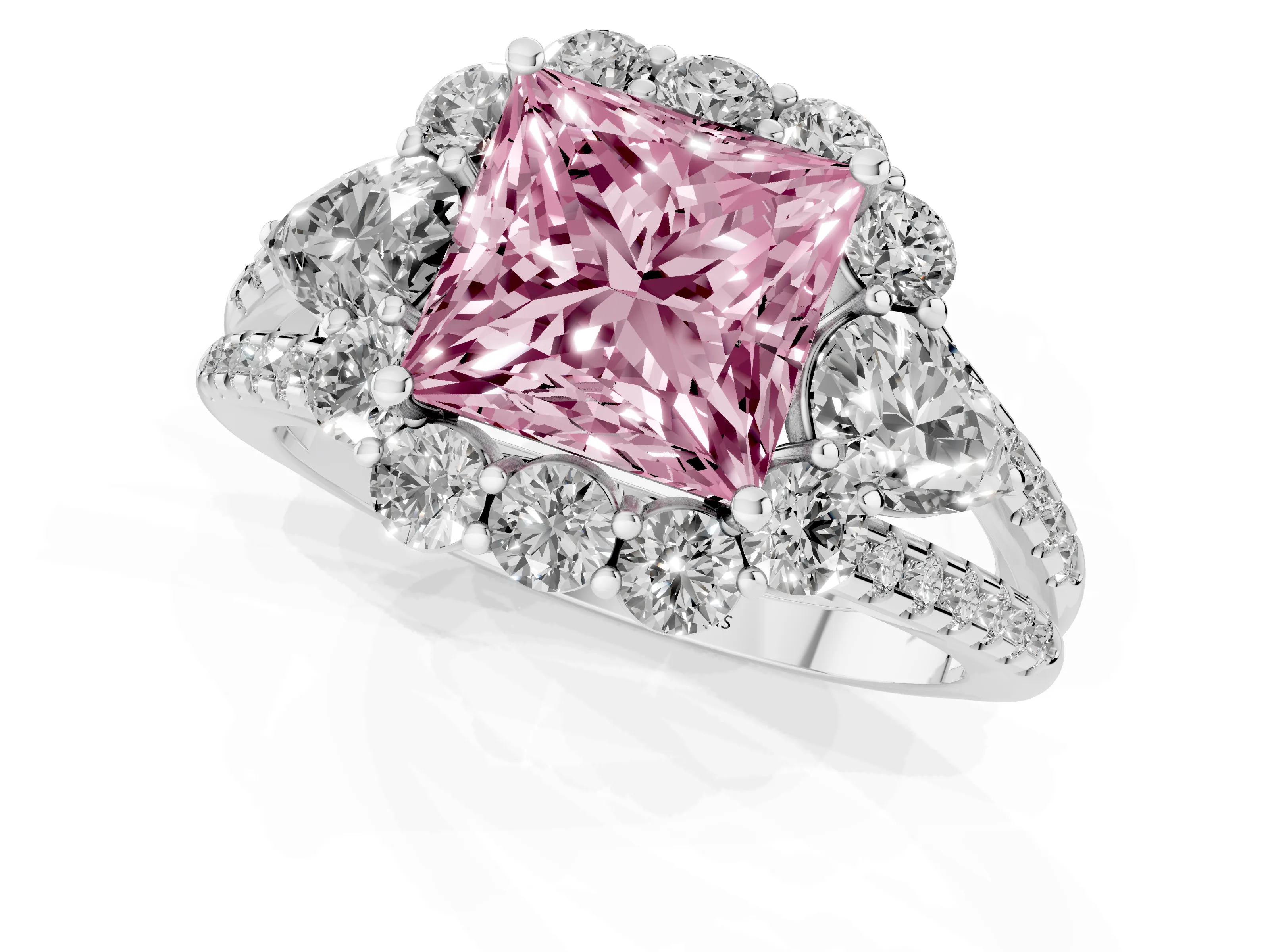 Fancy Pink Princess Cut Diamond Halo Split Shank Engagement Ring Set in Platinum with Prong-Held Center Stone