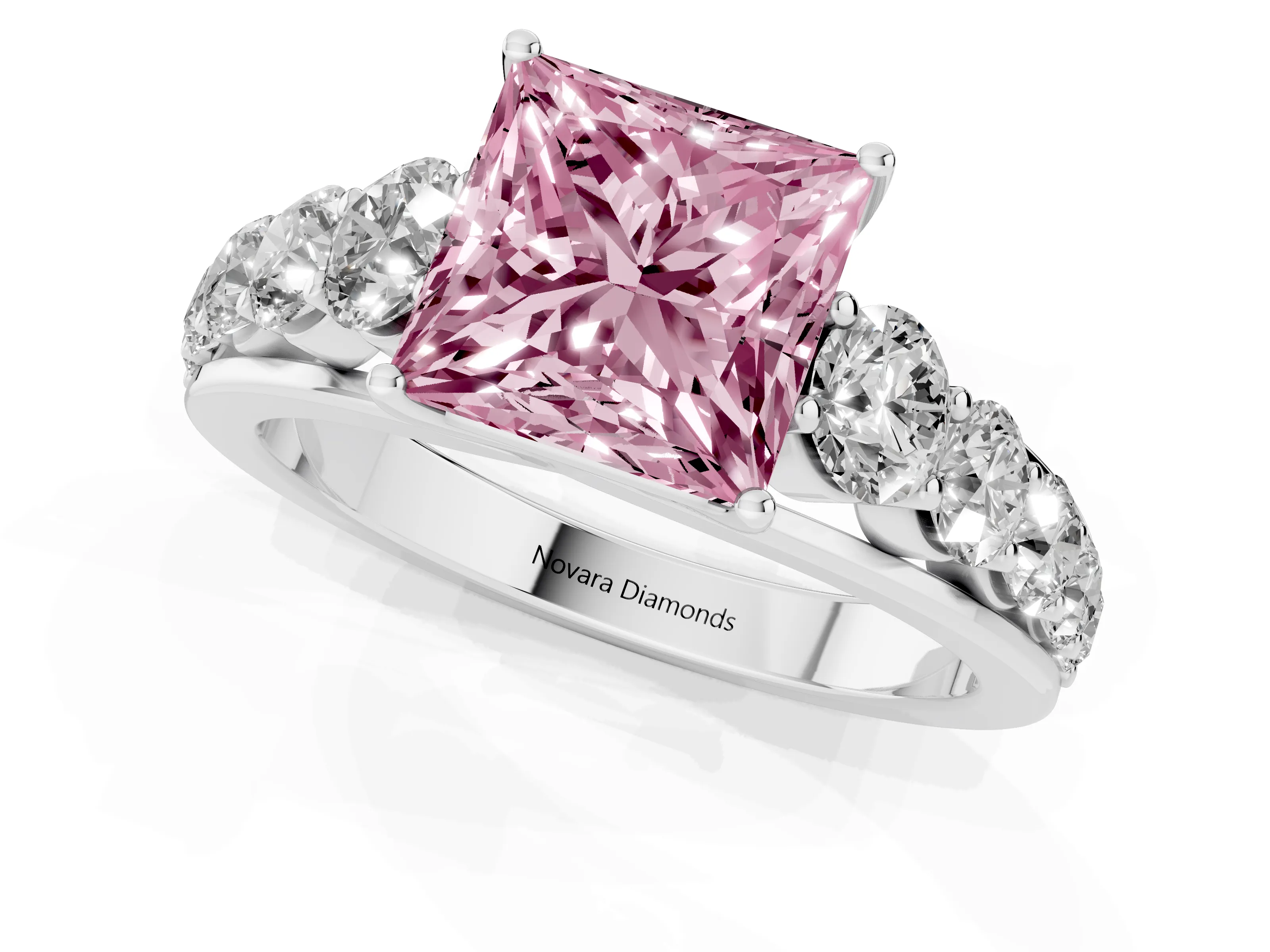 Fancy Pink Princess Cut Diamond Solitaire Ring Set in Platinum with Pavé-Set Band and Prong Setting