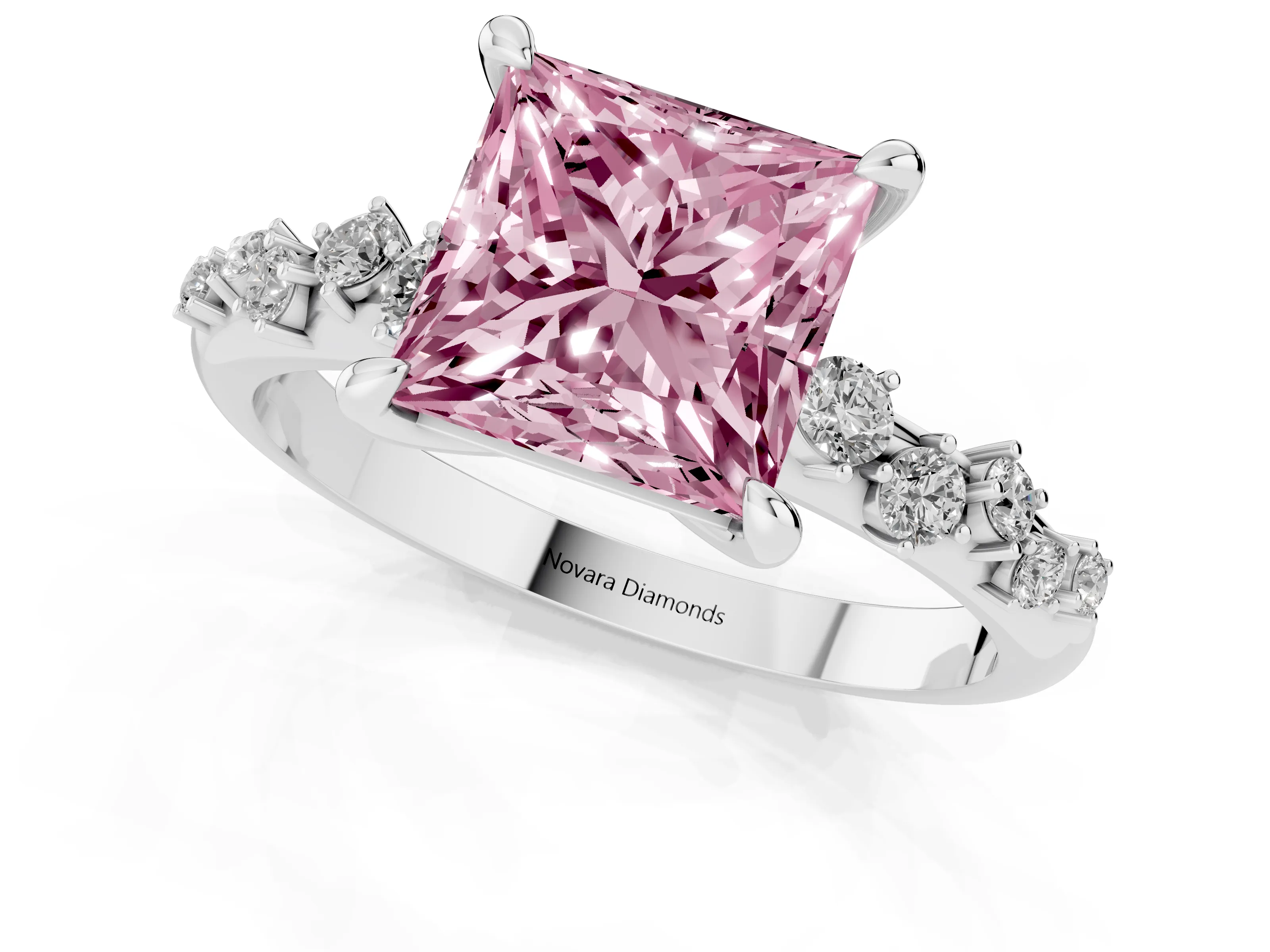 Fancy Pink Princess Cut Diamond Solitaire Vine Band Ring Set in Platinum with Round Accents and Prong Setting – second view