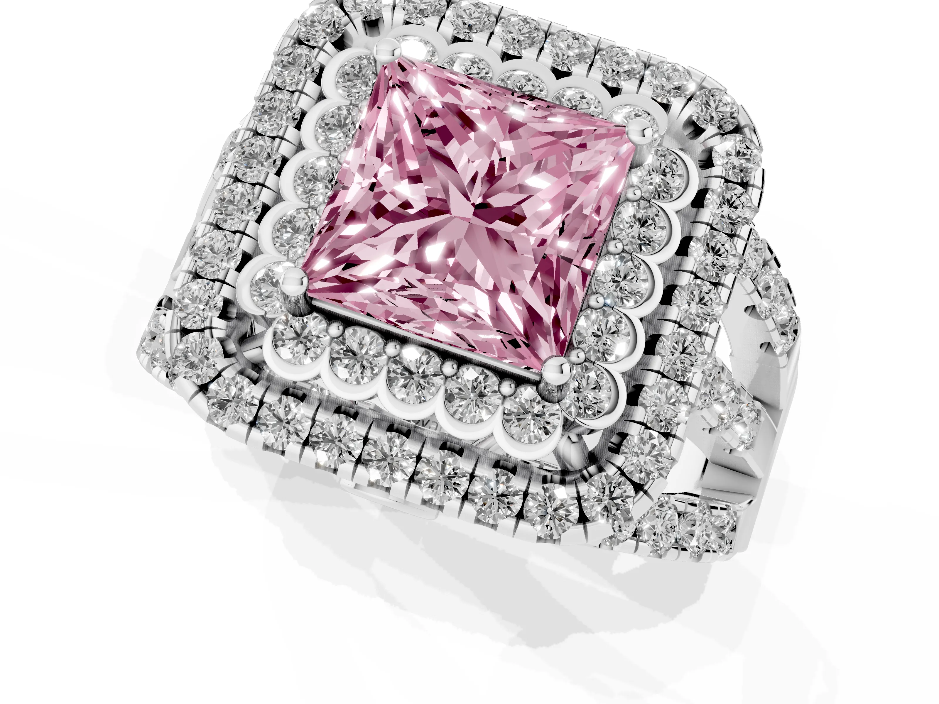 Fancy Pink Princess Cut Diamond Double Halo Ring Set in White gold with Round Pavé Split Shank