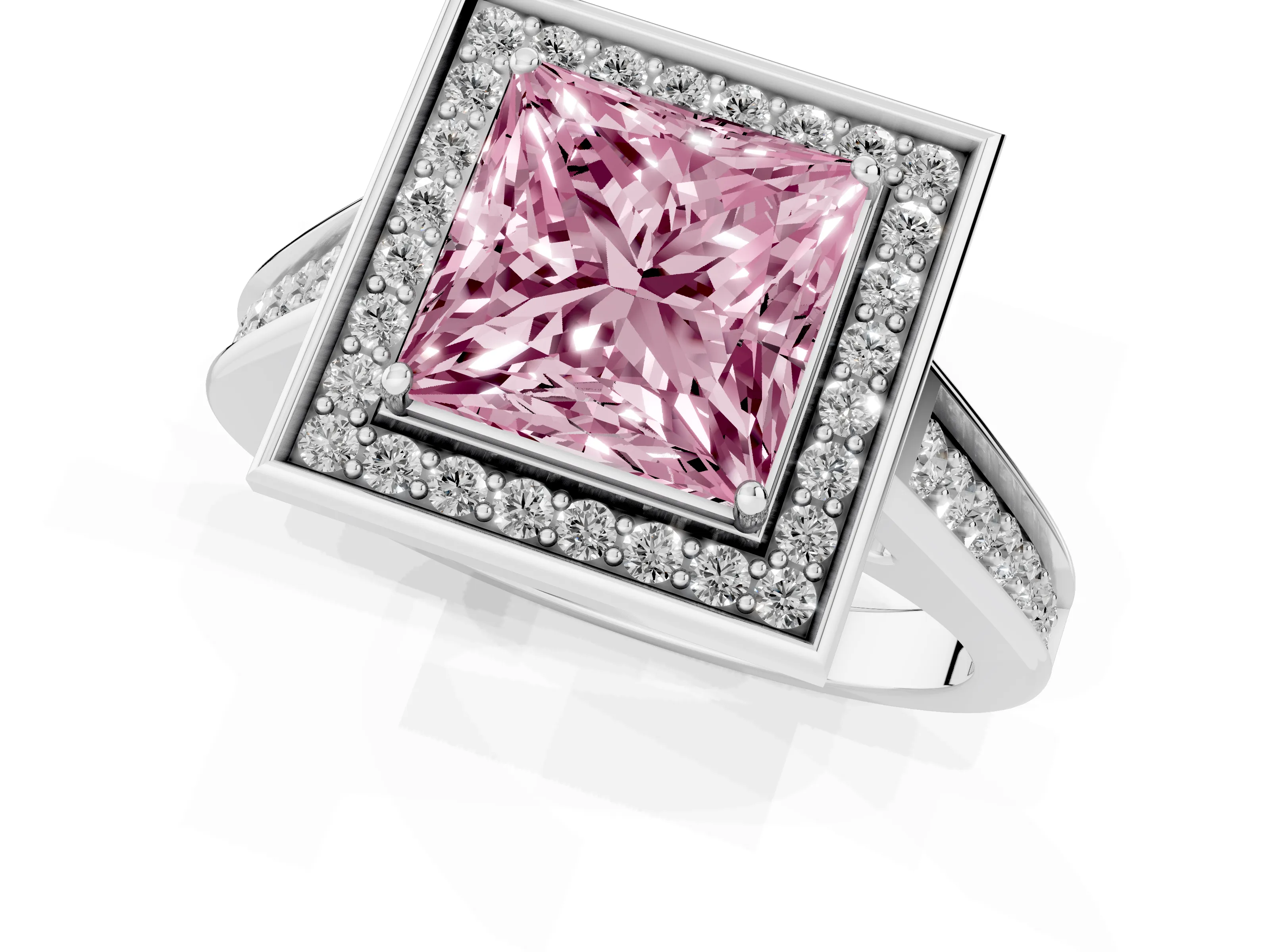 Fancy Pink Princess Cut Diamond Halo Solitaire Ring Set in Platinum with Pavé Band and Bezel Setting