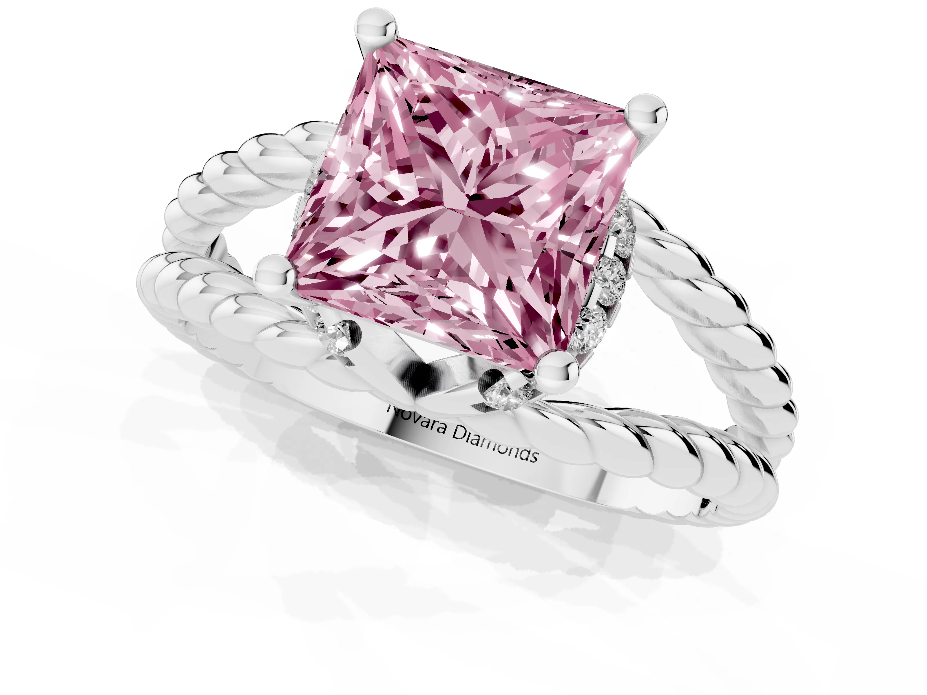 Fancy Pink Princess Cut Diamond Halo Ring Set in White gold with Twisted Band and Prong Setting