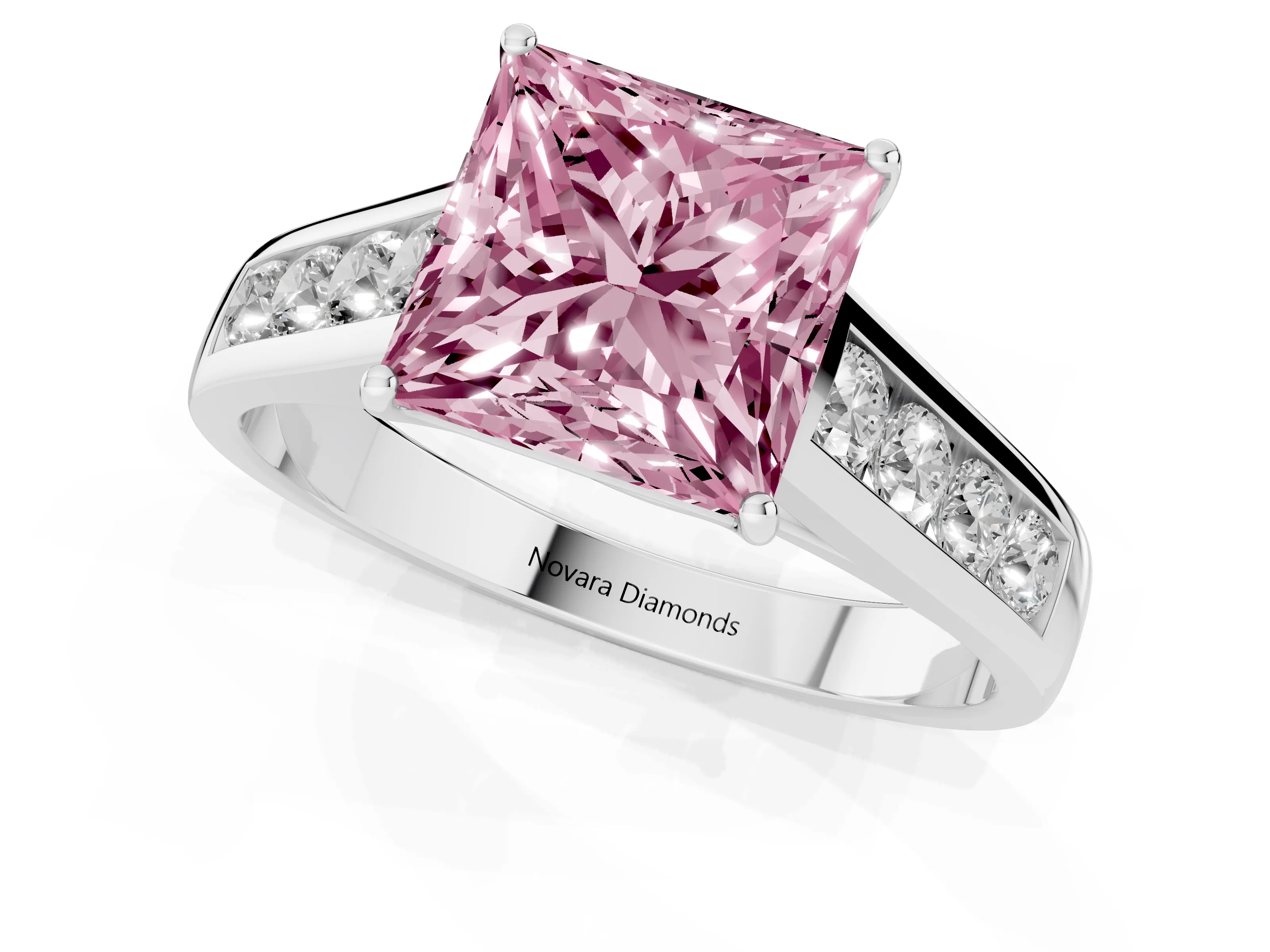Fancy Pink Princess Cut Diamond Solitaire Channel-Set Engagement Ring Set in Silver with Prong Setting