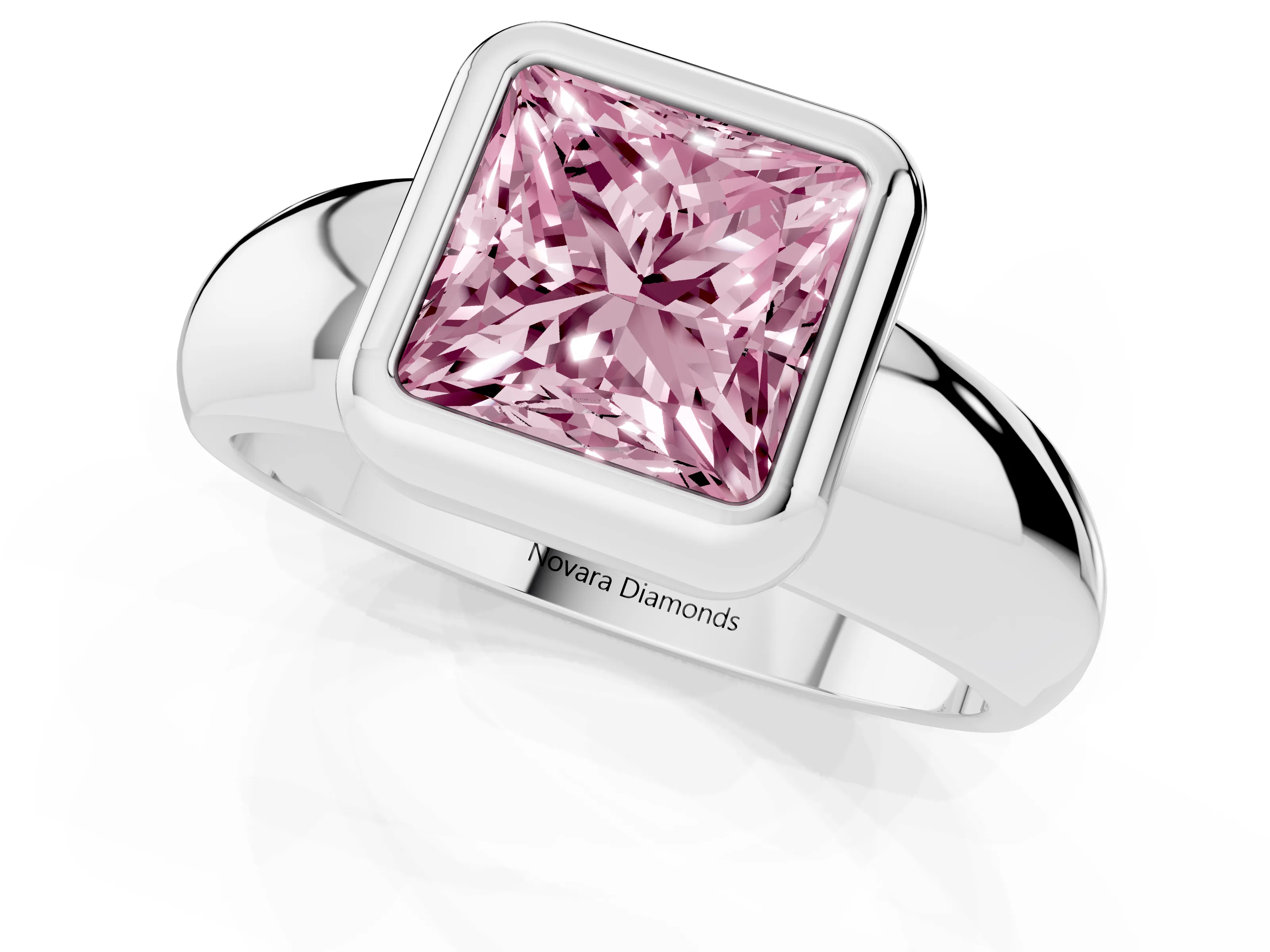 Fancy Pink Bezel Set Princess Cut Diamond Solitaire Ring Set in White gold with Wide Band