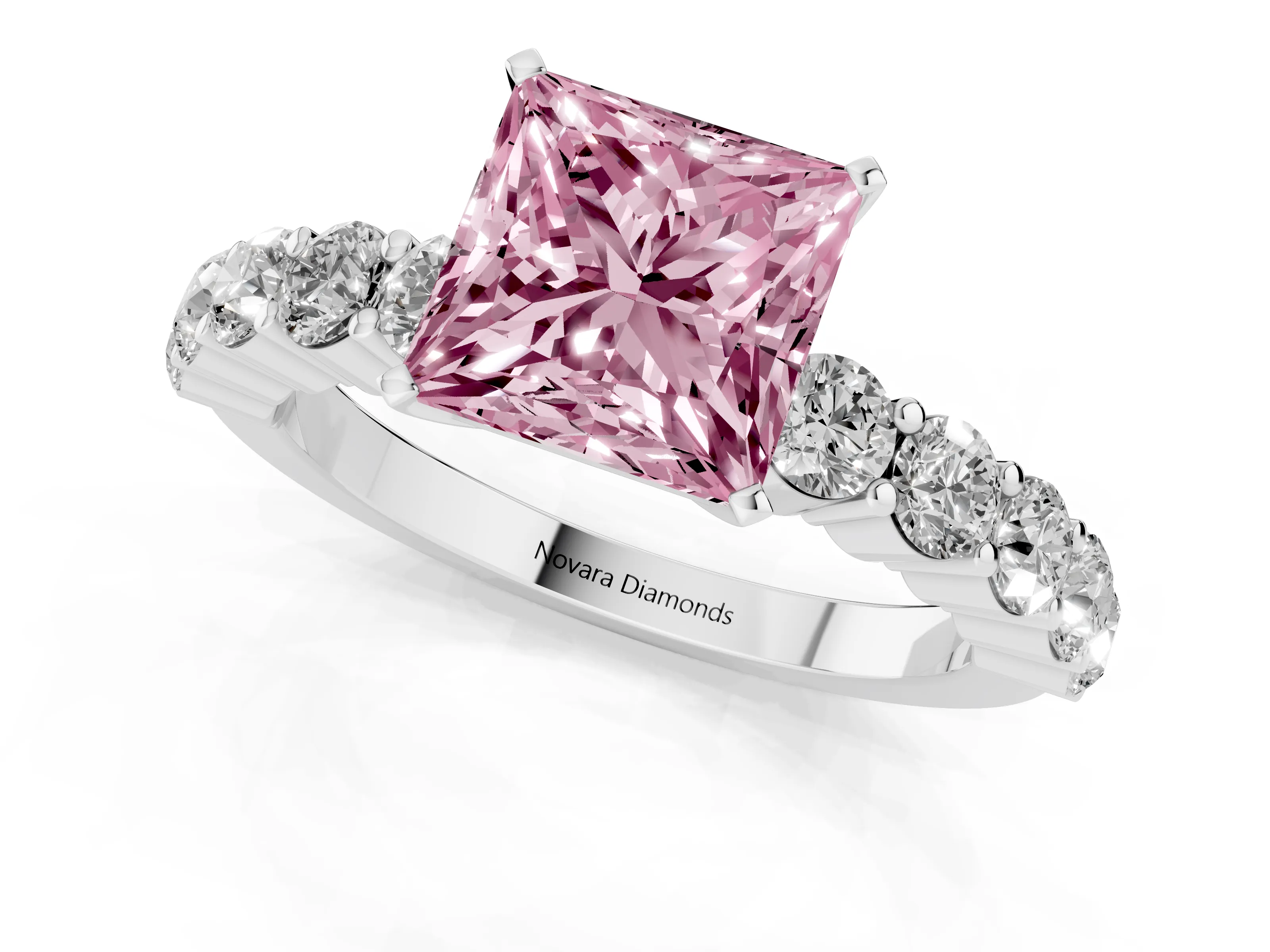 Fancy Pink Princess Cut Diamond Solitaire Ring Set in Platinum with Shared Prong Round Side Stones