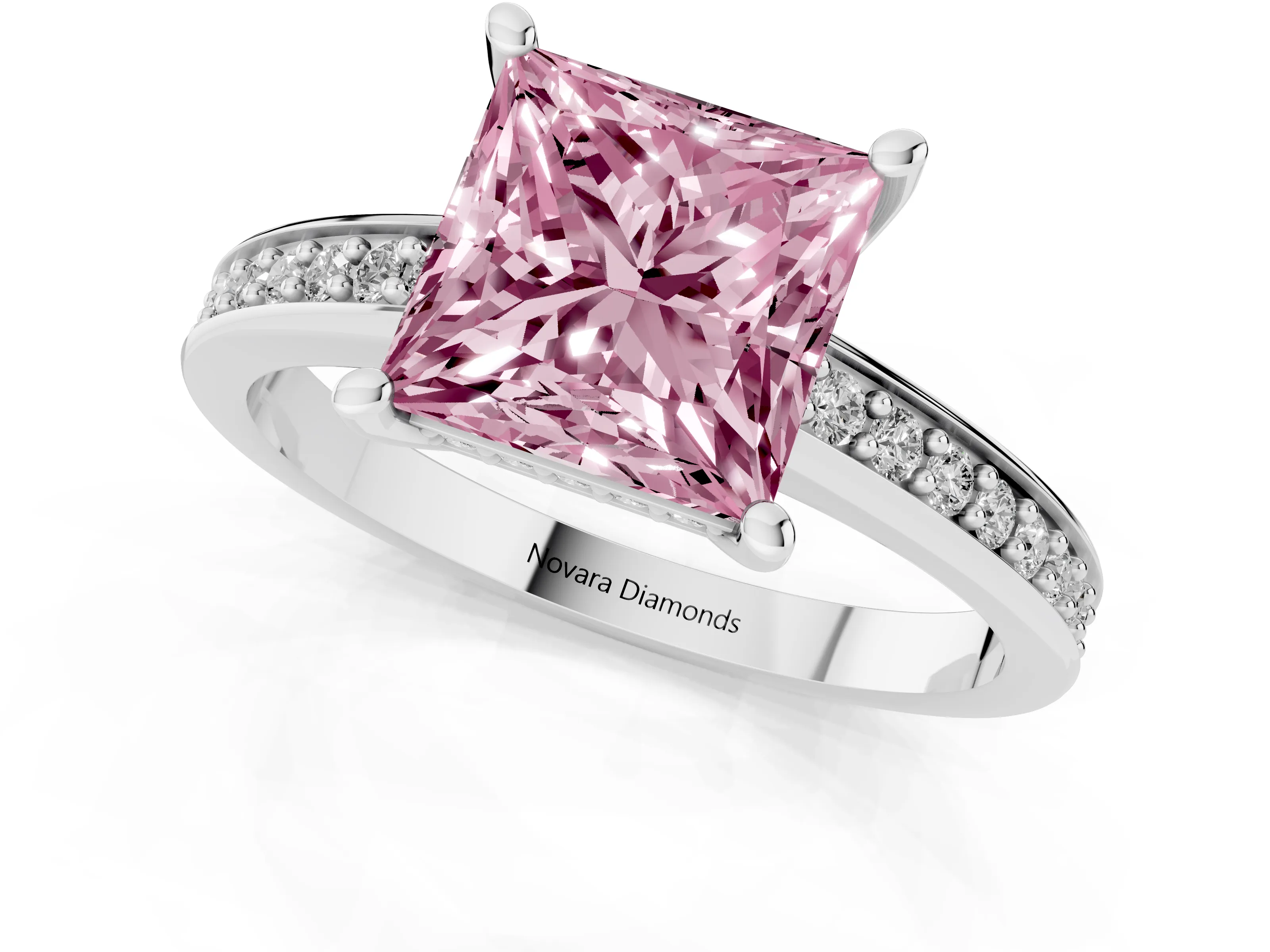 Fancy Pink Princess Cut Diamond Pavé Band Prong Set Solitaire Ring Set in Silver