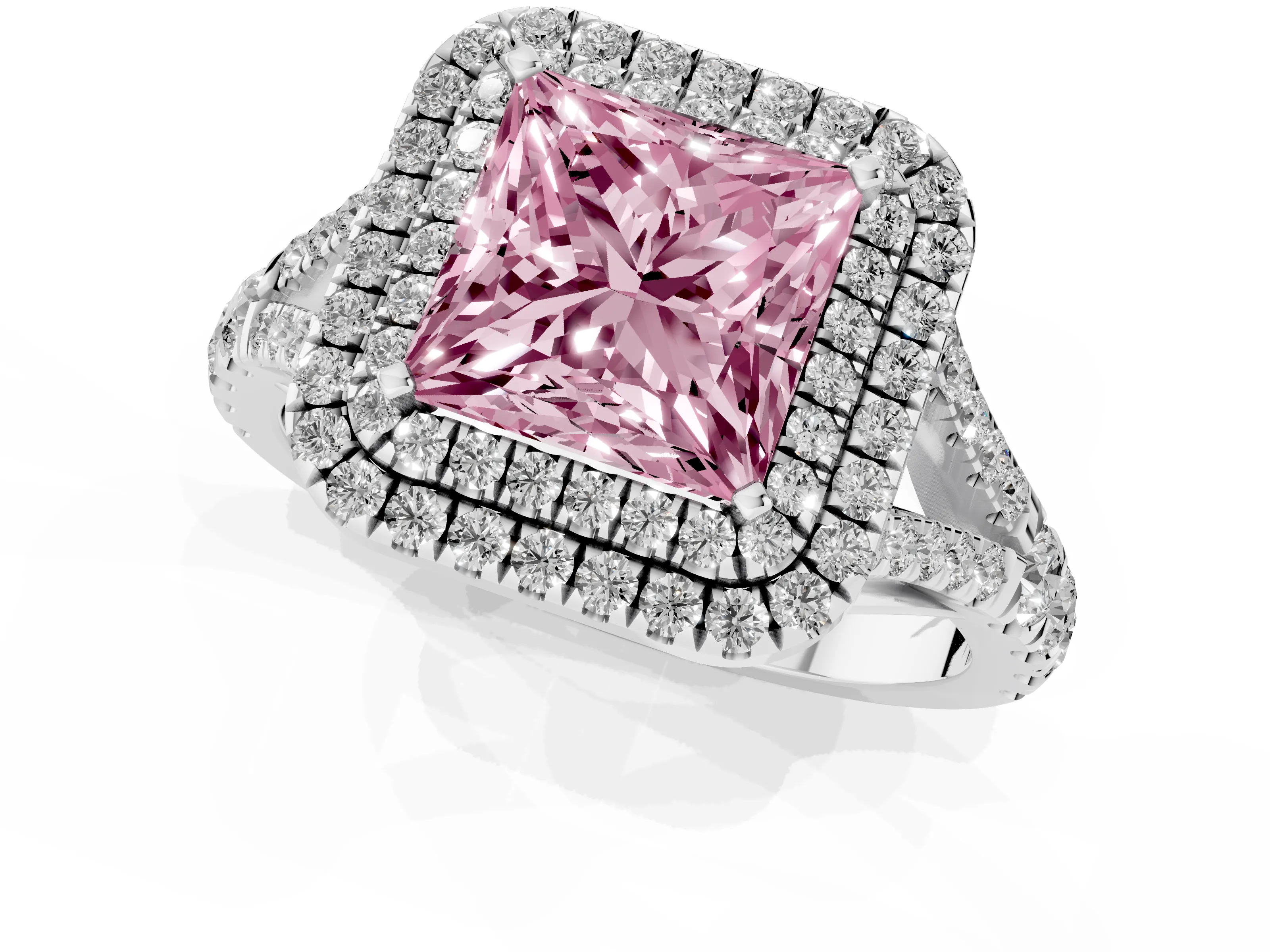 Fancy Pink Princess Cut Diamond Pavé Split Shank Double Halo Engagement Ring Set in Platinum