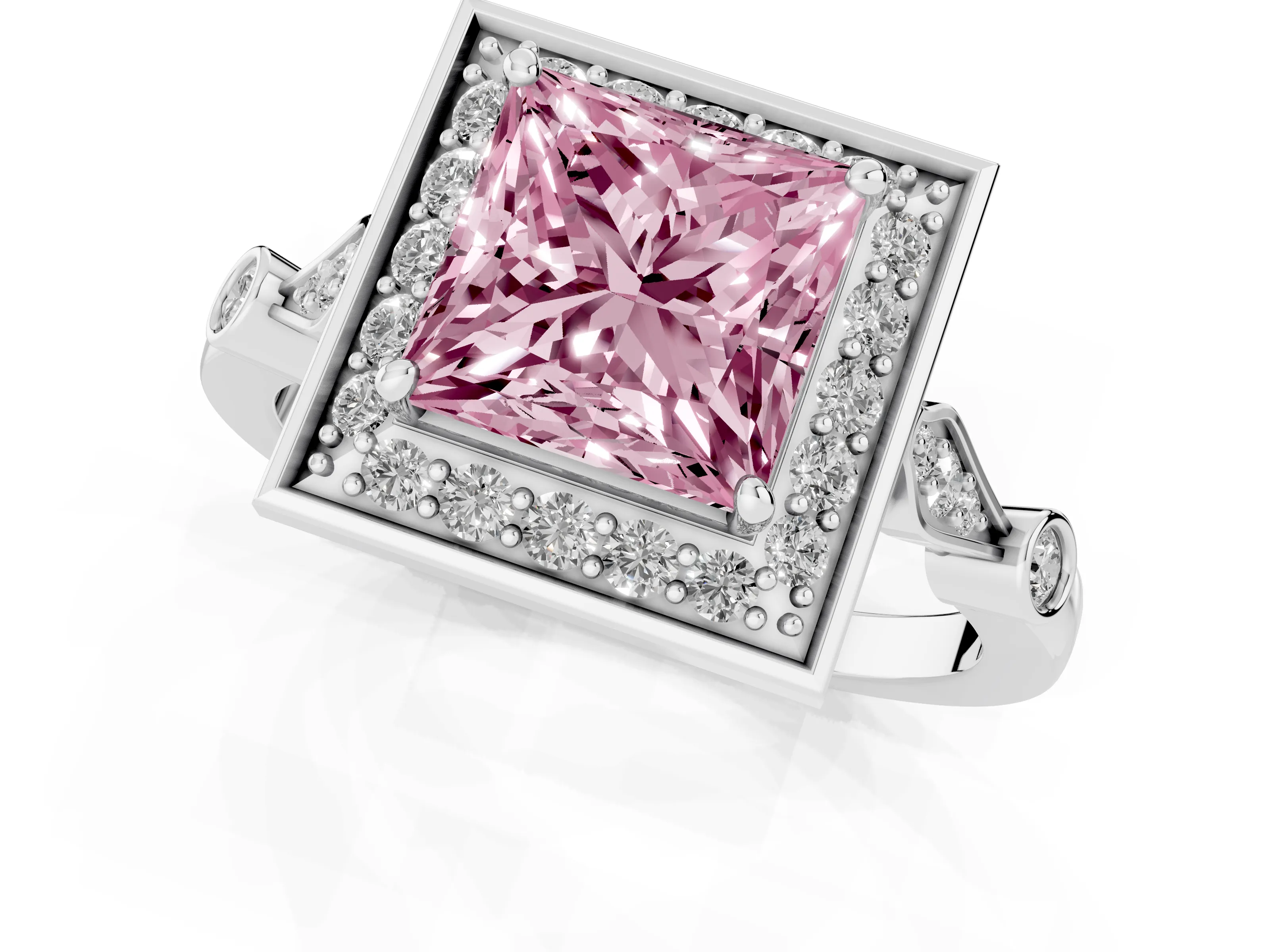 Fancy Pink Princess Cut Diamond Halo Engagement Ring Set in Platinum with Twisted Band and Prong Setting – second view