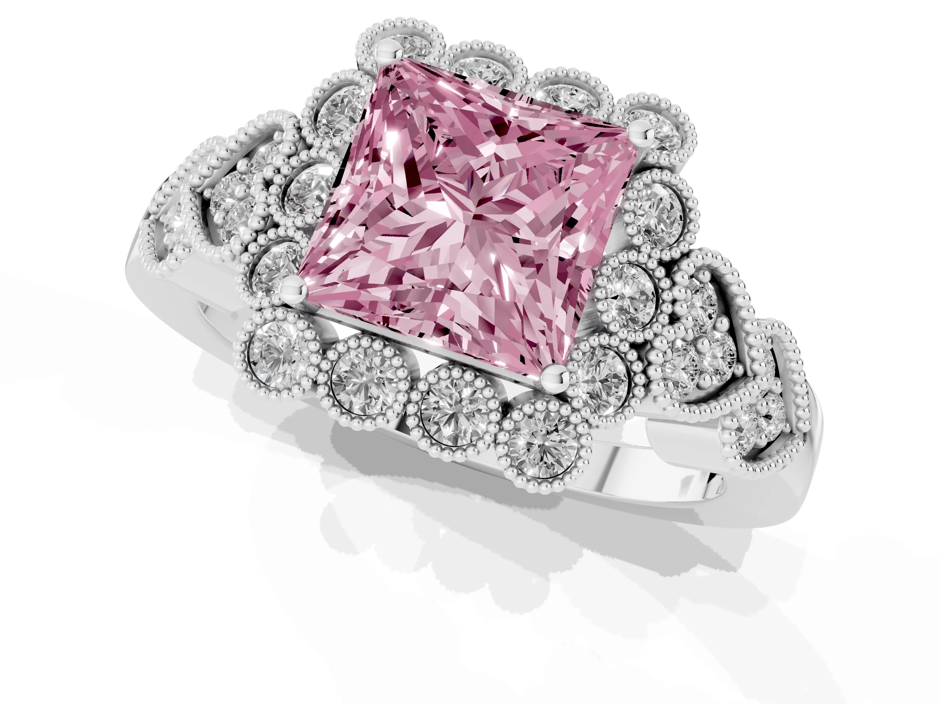 Fancy Pink Princess Cut Diamond Solitaire Ring Set in Silver with Milgrain Pavé Heart Band