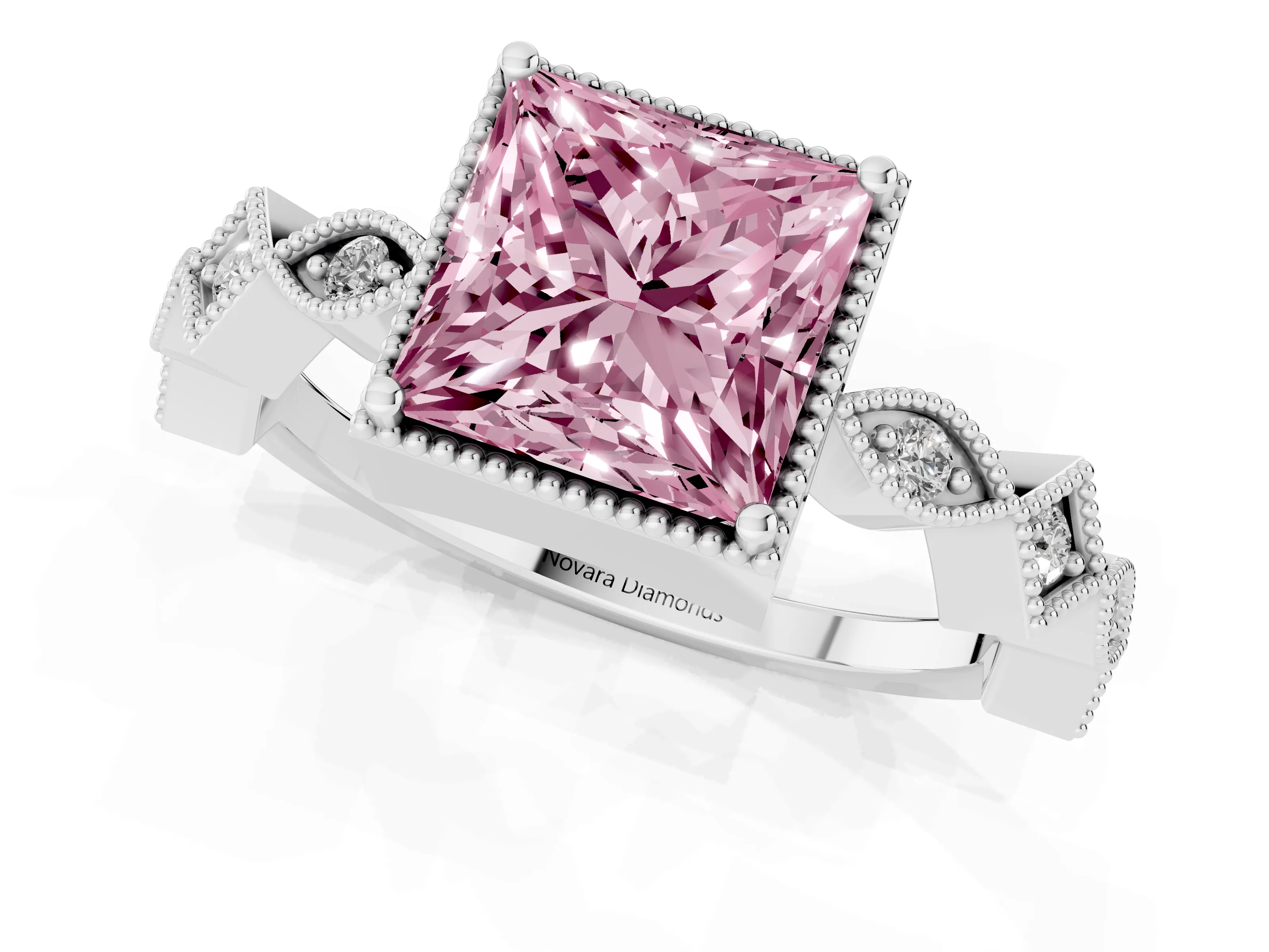 Fancy Pink Princess Cut Diamond Milgrain Marquise Twist Band Ring Set in White gold with Prong Setting
