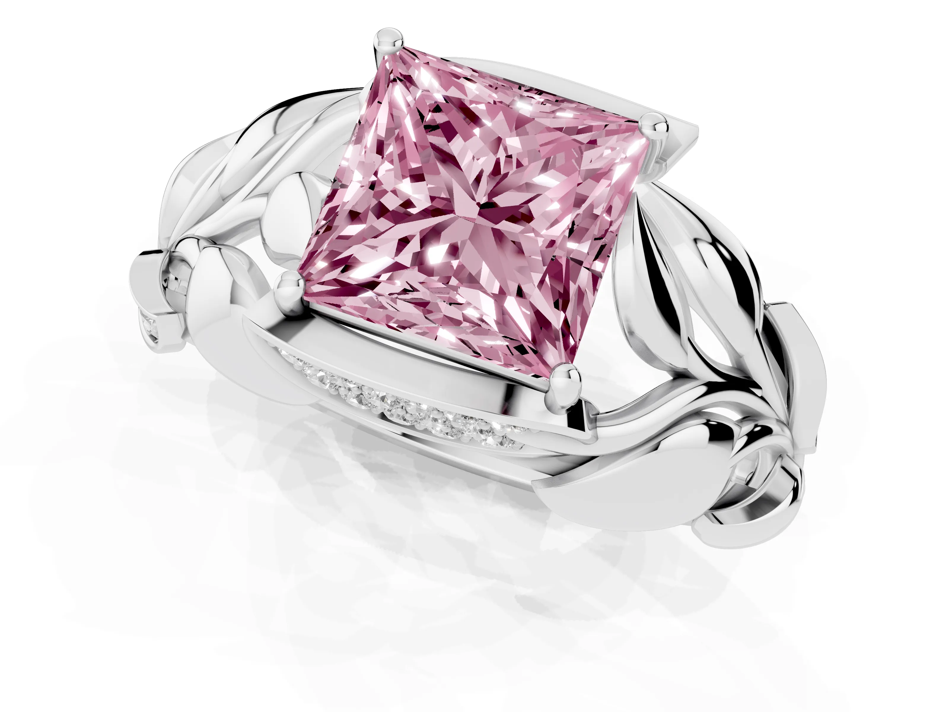 Fancy Pink Princess Cut Diamond Leaf-Inspired Engagement Ring Set in Silver with Round Accents – second view