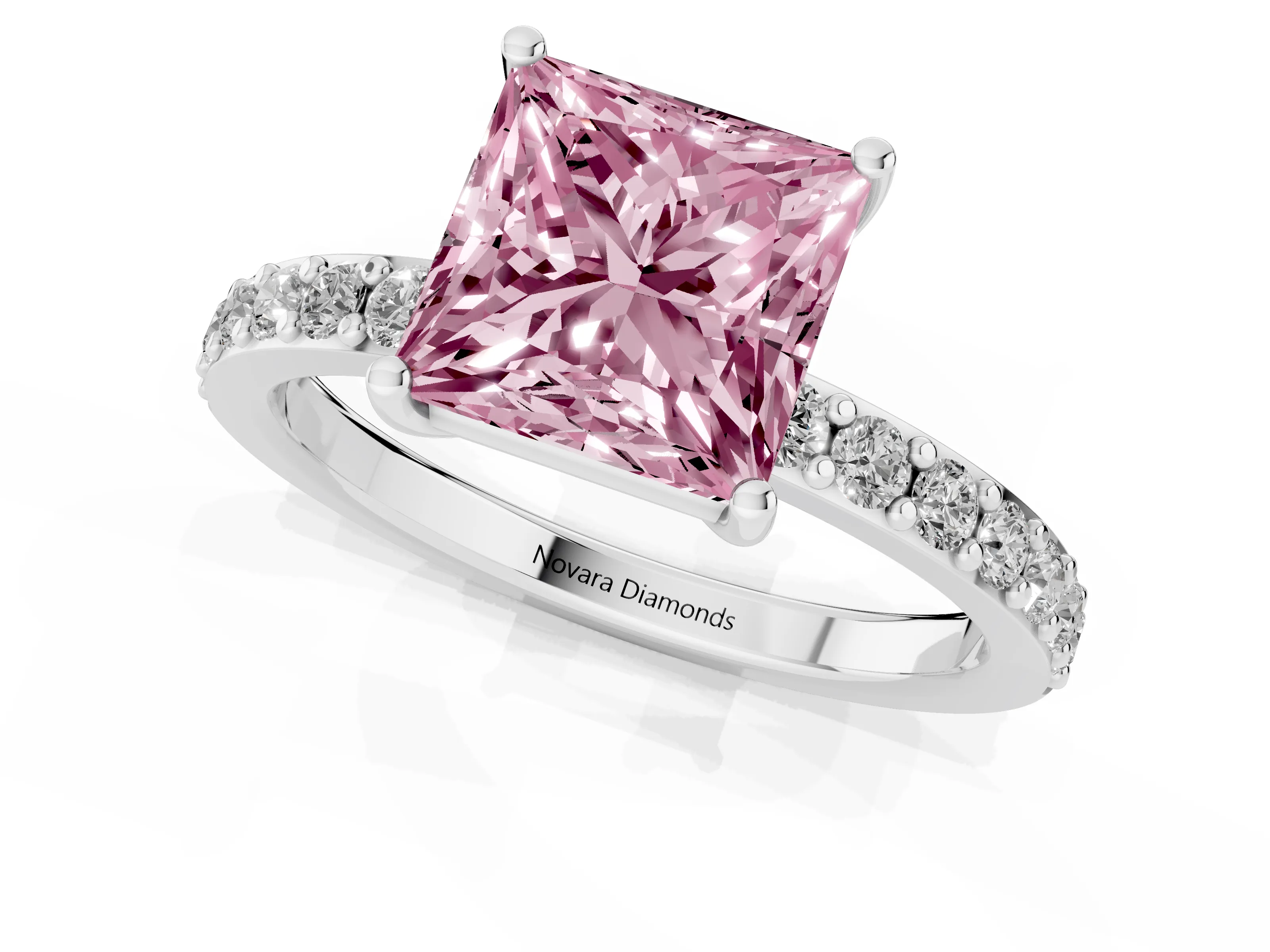 Fancy Pink Princess Cut Diamond Solitaire Set in White gold with Round Pavé Band and Prong Setting