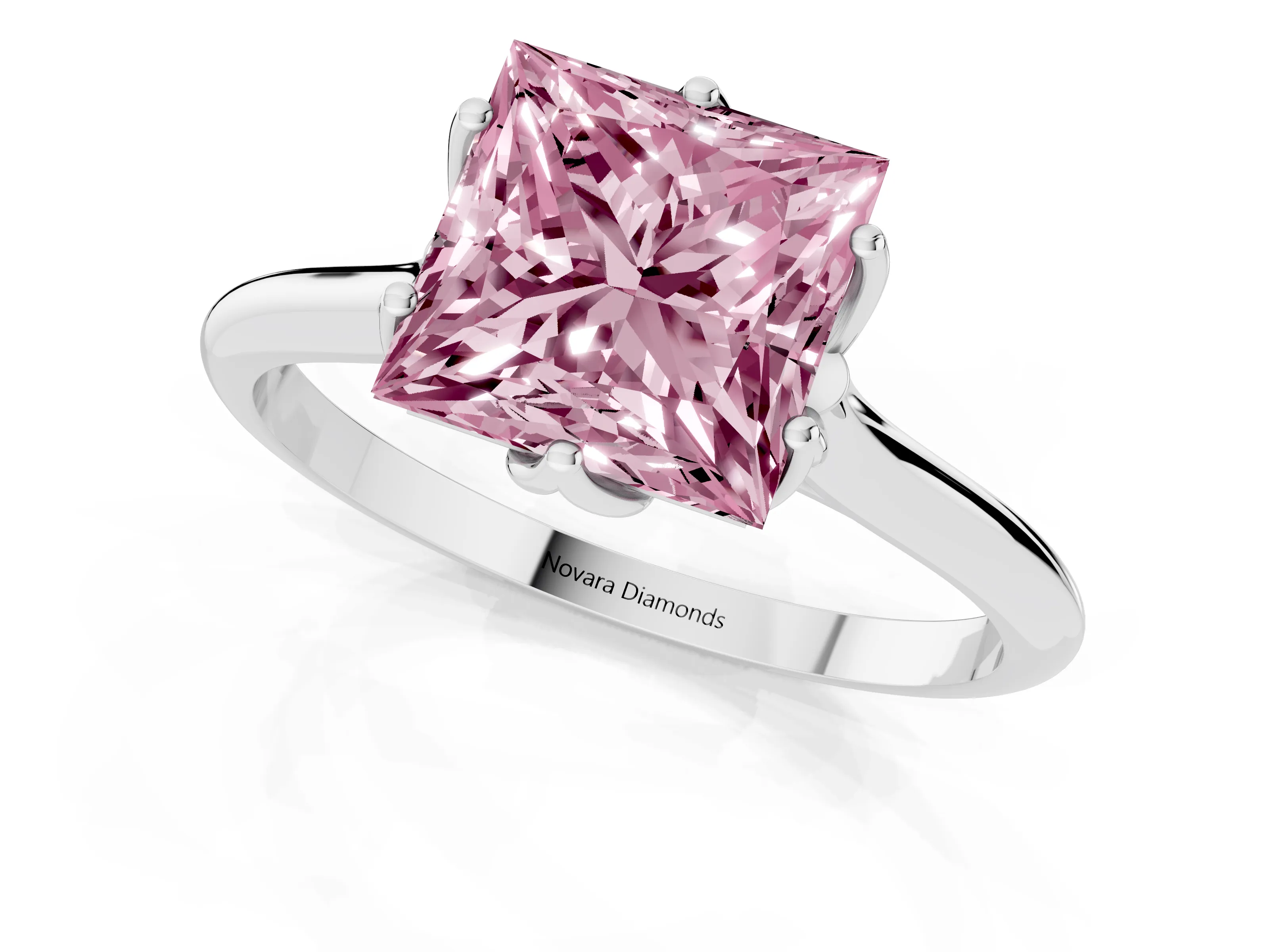 Fancy Pink Princess Cut Diamond Solitaire Cathedral Ring Set in Silver with Prong Setting