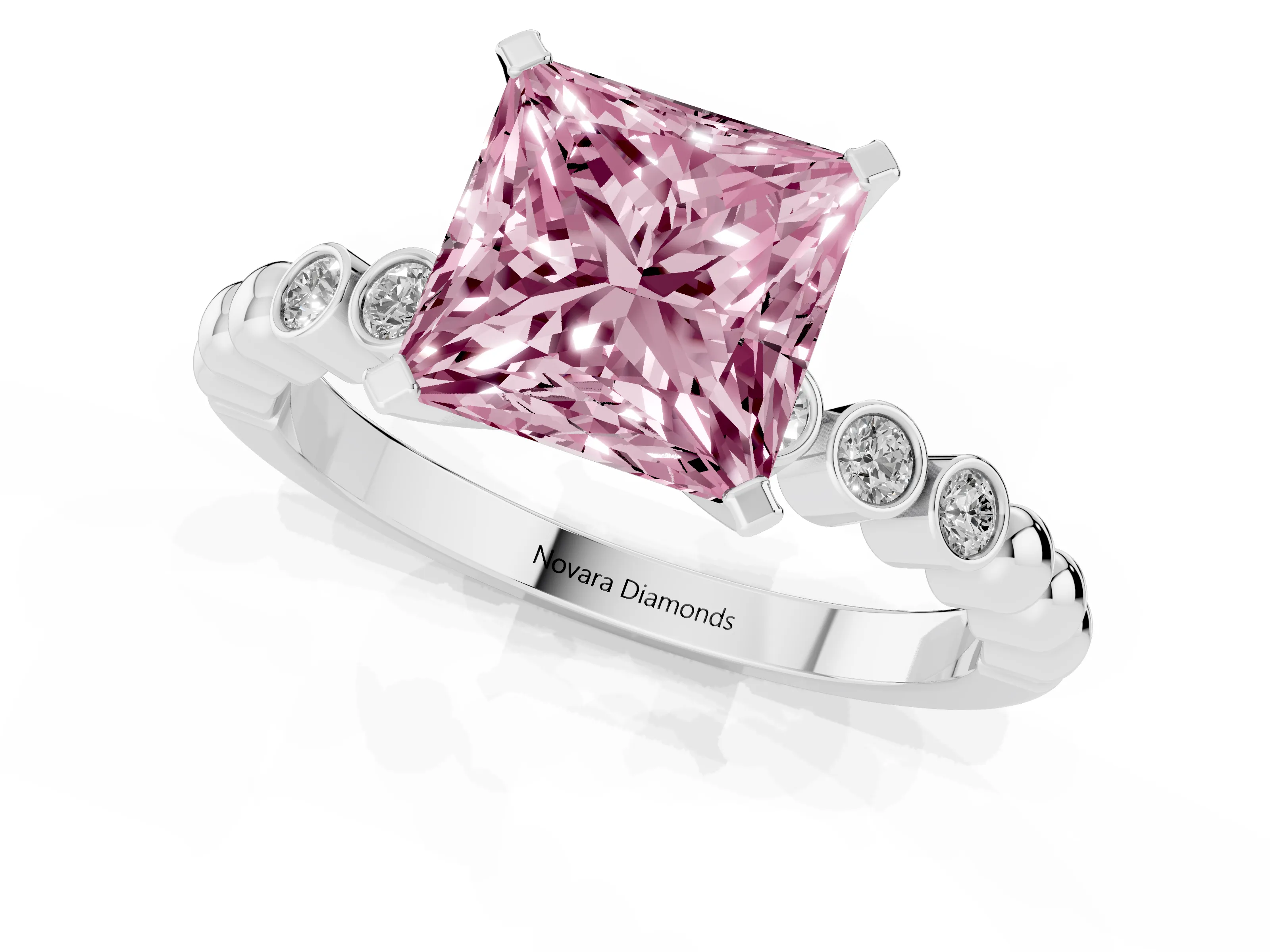Fancy Pink Princess Cut Diamond Solitaire Engagement Ring Set in Silver with Bezel Accents on Beaded Band