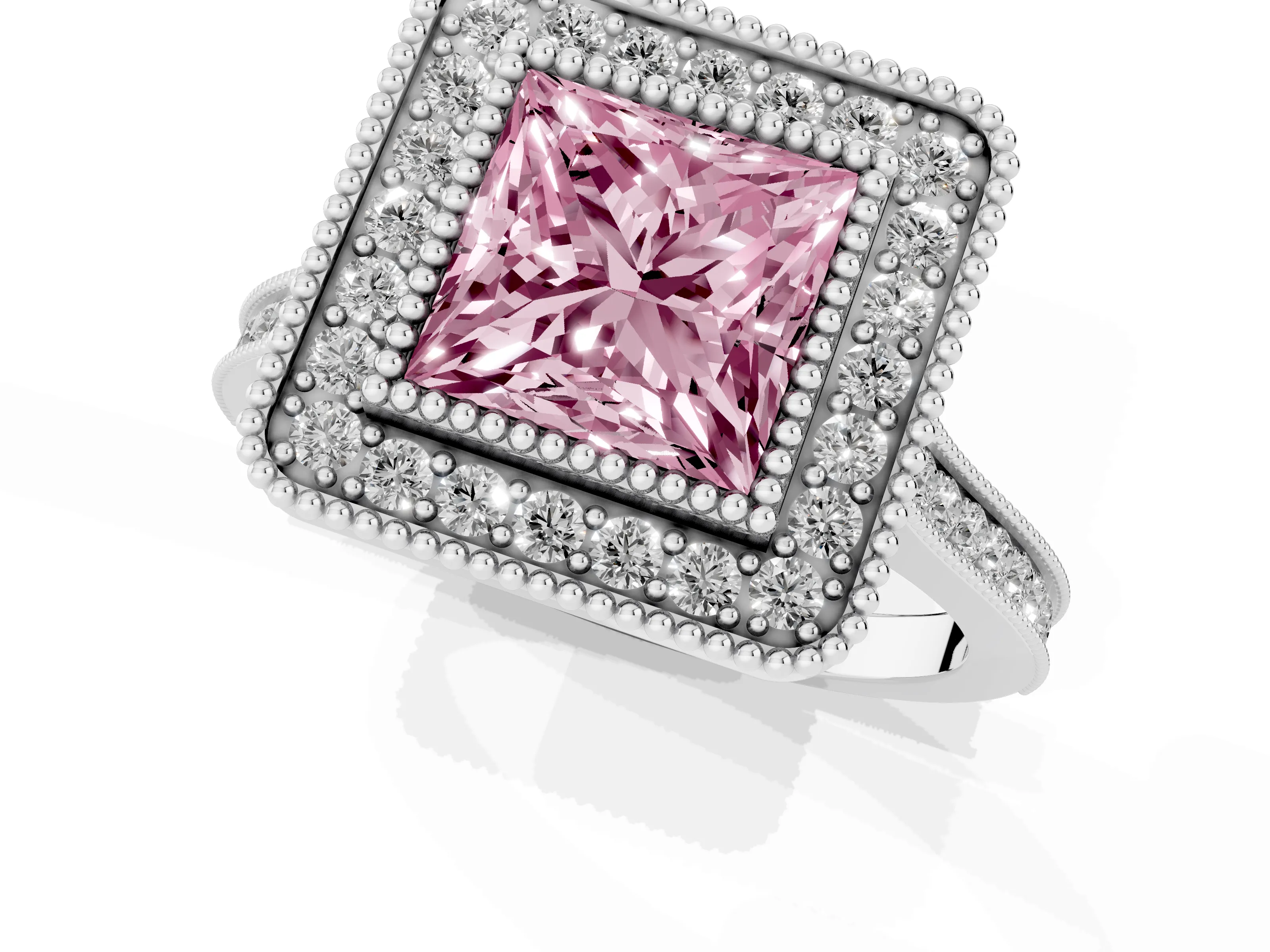 Fancy Pink Princess Cut Diamond Halo Ring Set in White gold with Milgrain Frame and Pavé Band