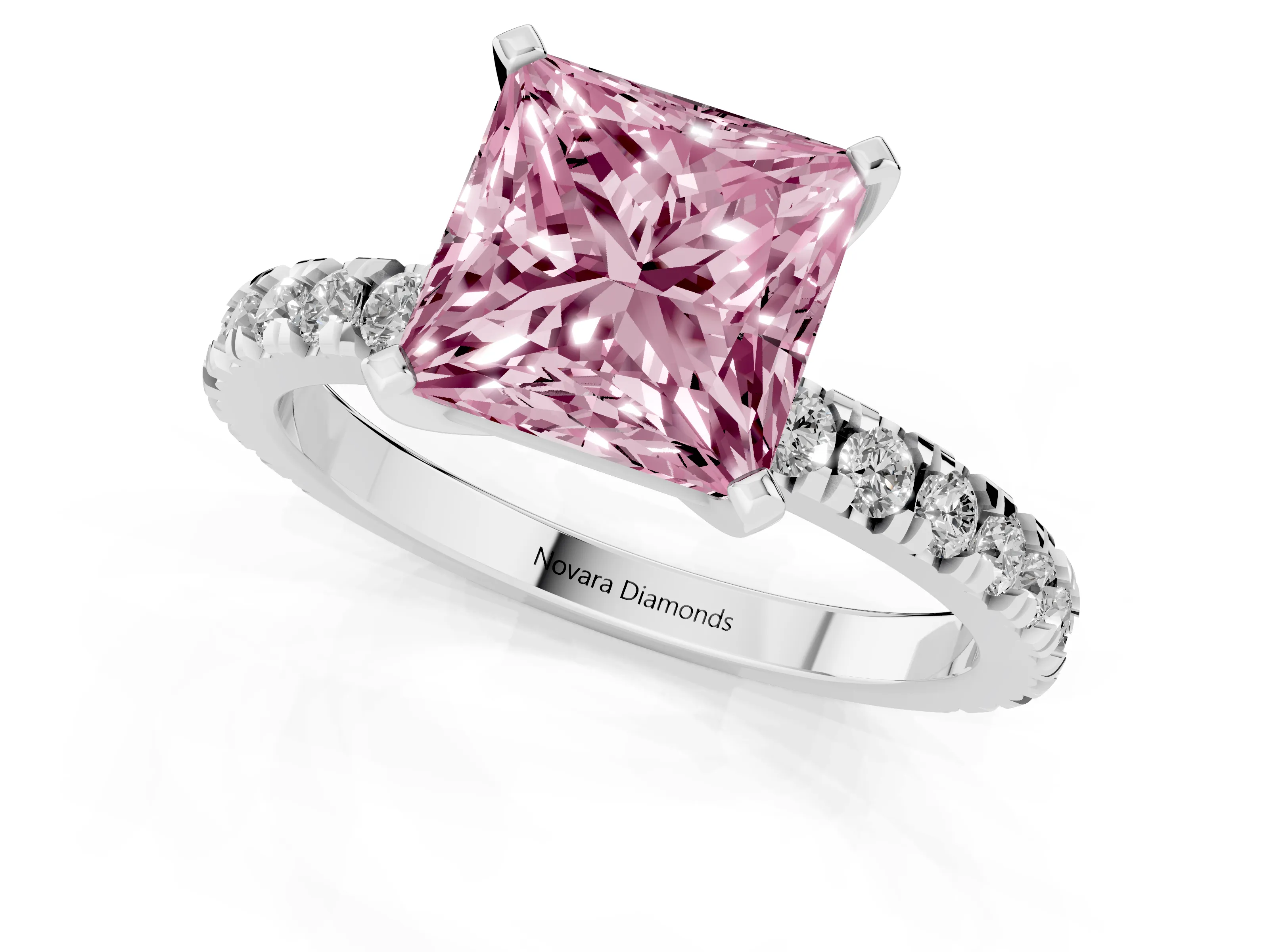 Fancy Pink Princess Cut Diamond Pavé Band Solitaire Set in Platinum with Prong Setting